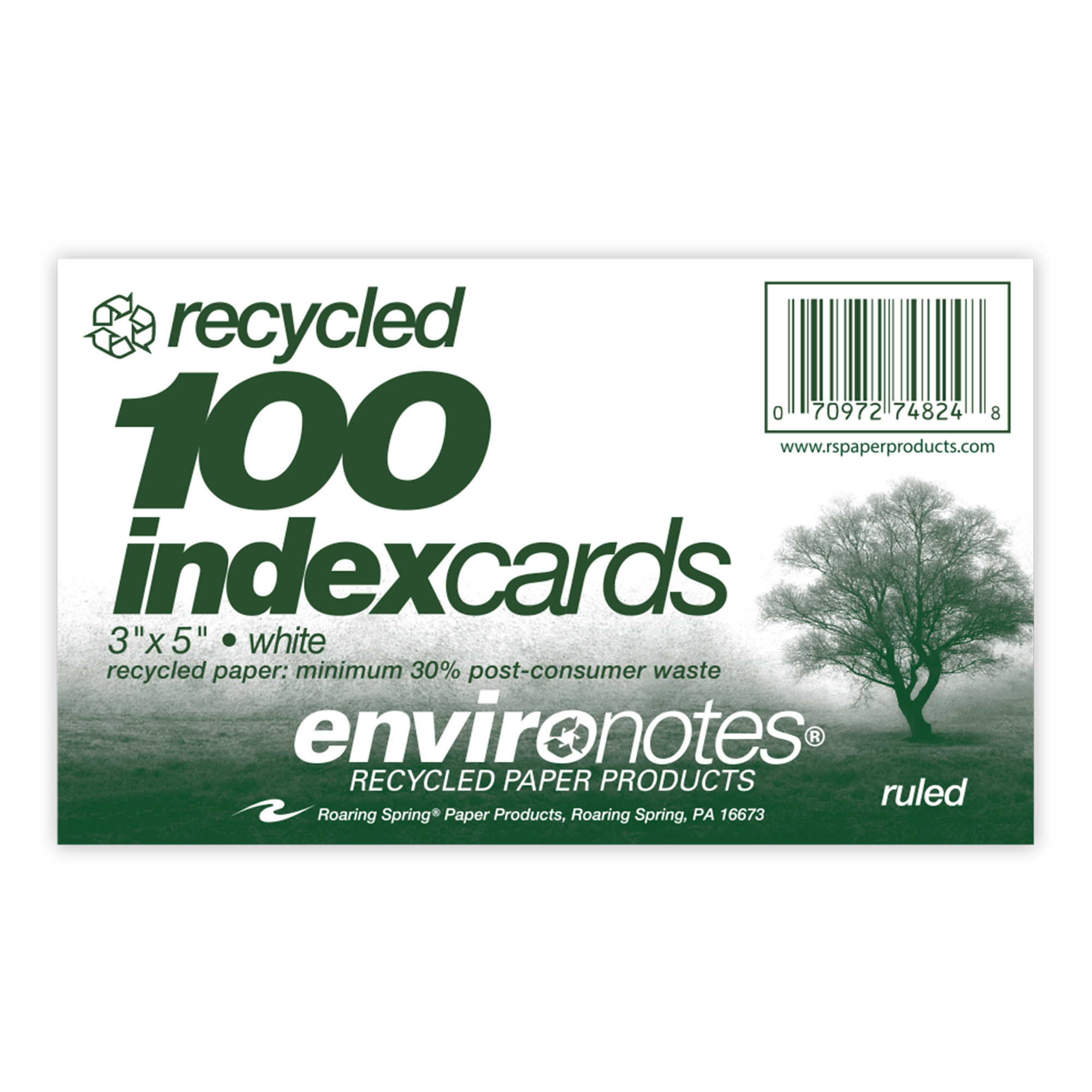 Environotes® 3" x 5" Recycled Index Cards, Ruled, 100 Count