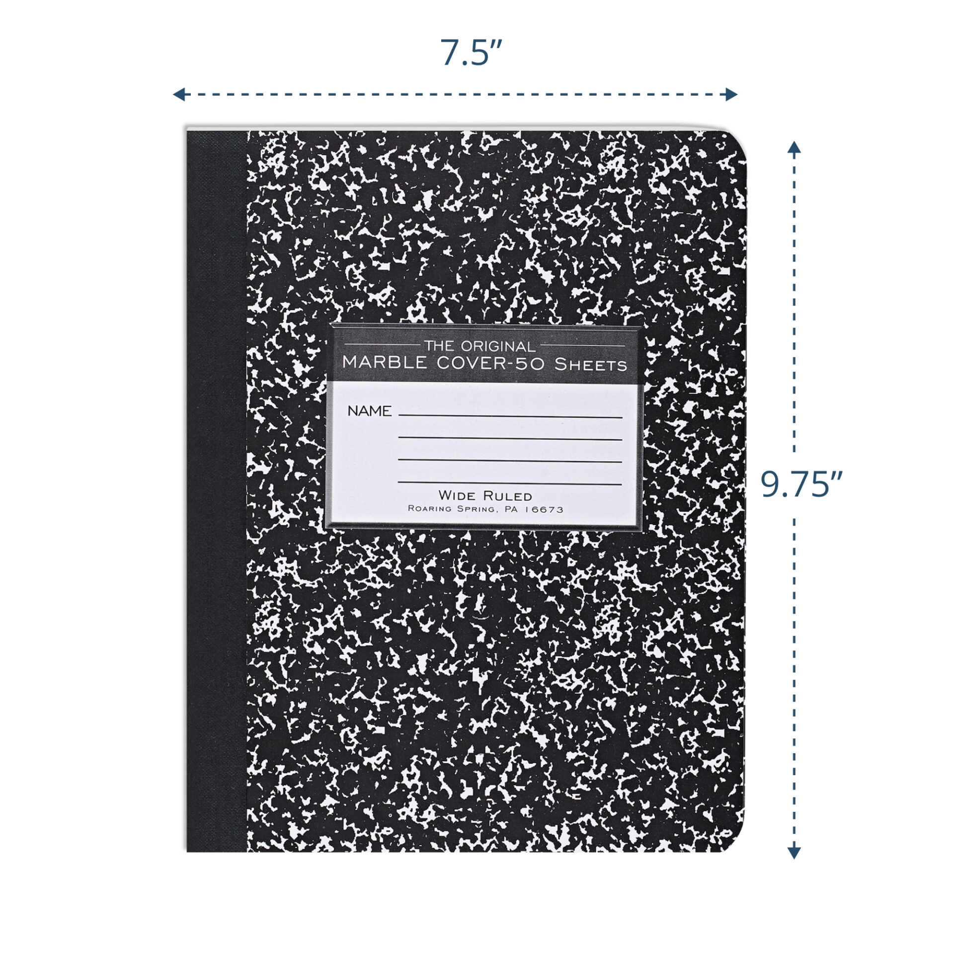 Hard Cover Composition Book, Wide Ruled,  50 Sheets/100 Pages, Black Marble Cover