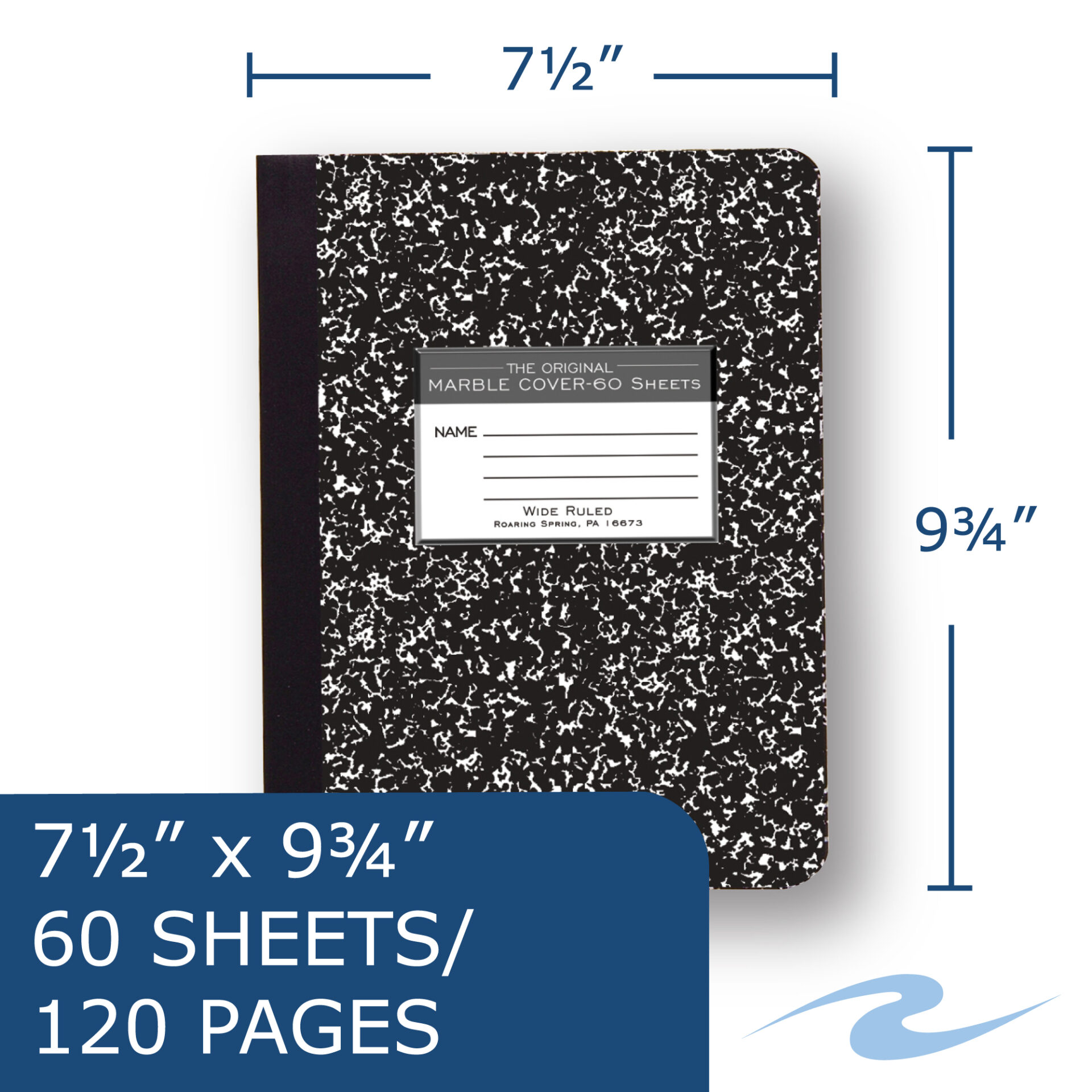 Hard Cover Composition Book, Wide Ruled,  60 Sheets/120 Pages, Black Marble Cover