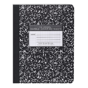 Hard Cover Composition Book, 5x5 Grid Ruled, 80 Sheets/160 Pages, Black Marble Cover
