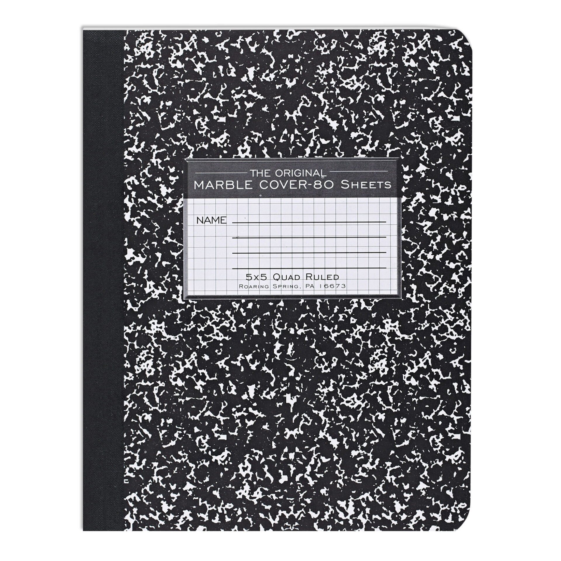 Hard Cover Composition Book, 5x5 Grid Ruled, 80 Sheets/160 Pages, Black Marble Cover