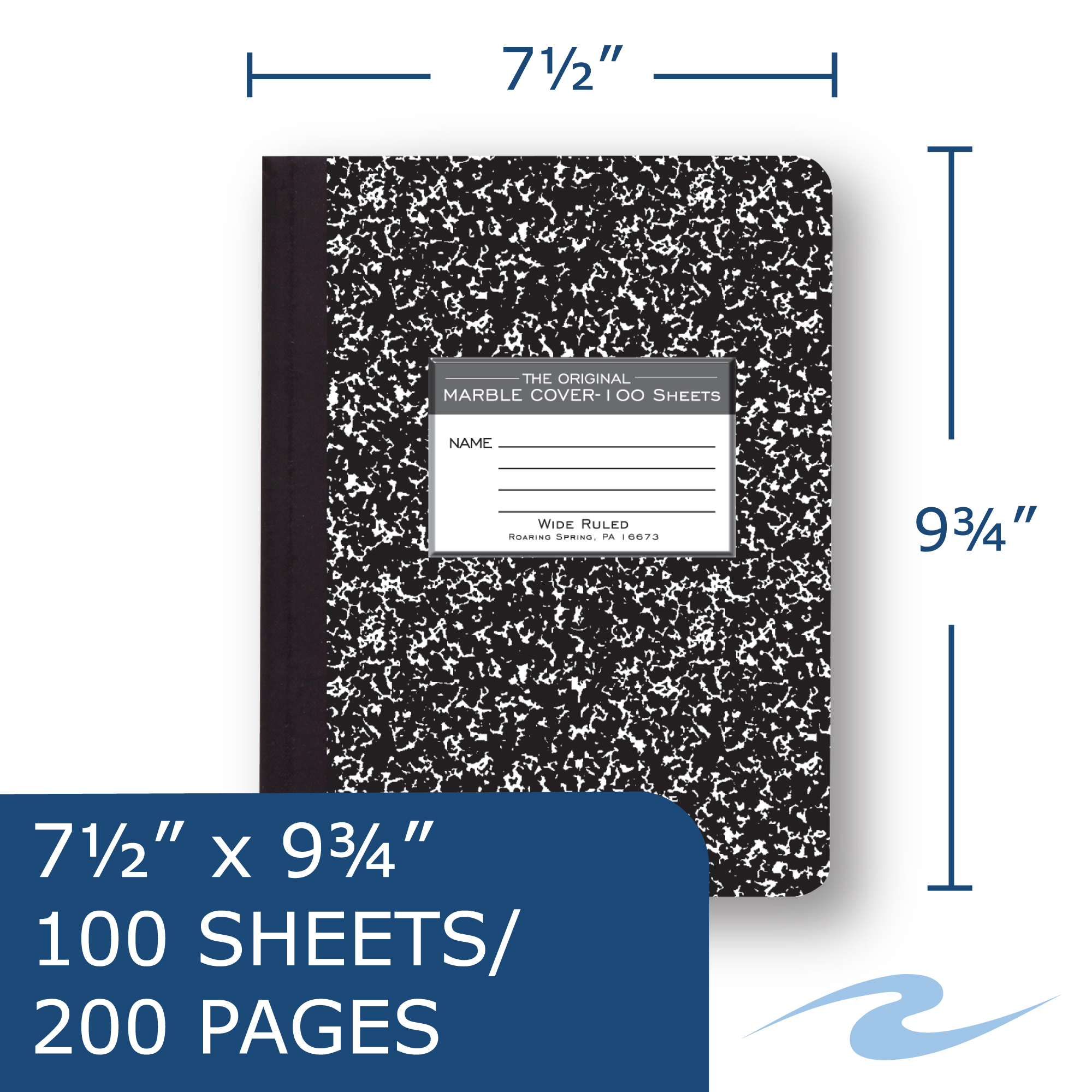 Hard Cover Composition Book. Wide Ruled, 100 Sheets/200 Pages, Black Marble Cover, 24 Per Case