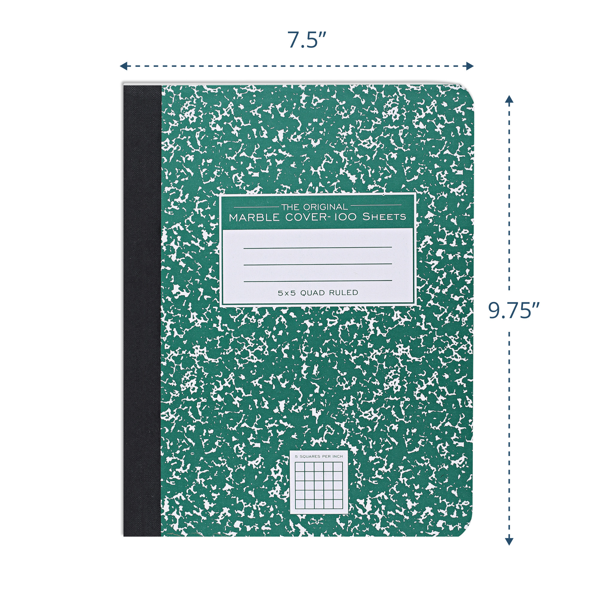 Hard Cover Composition Book, 5x5 Grid Ruled.100 Sheets/200 Pages, Green Marble Cover