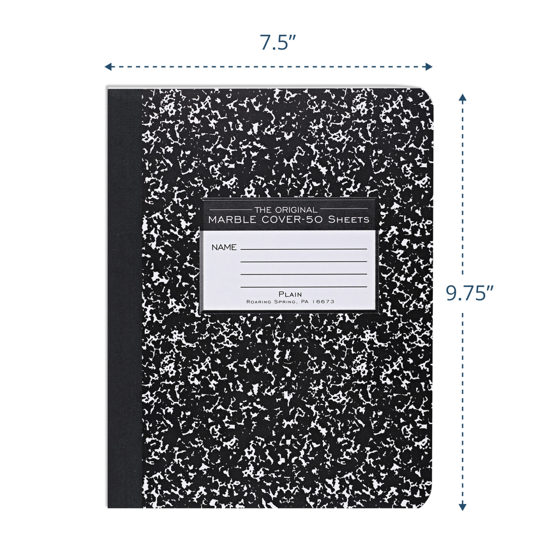 Hard Cover Composition Book, Unruled,  50 Sheets/100 Pages, Black Marble Cover