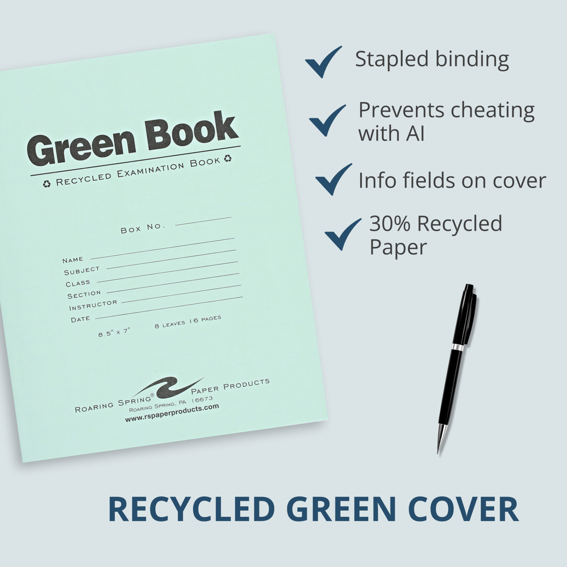 Recycled Exam Book, Wide Ruled with Margin, 8.5" x 7", 8 Sheets/16 Pages, Green Cover