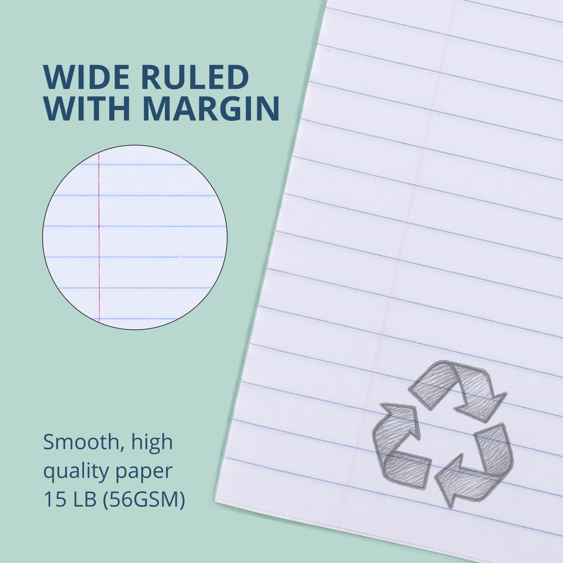 Recycled Exam Book, Wide Ruled with Margin, 8.5" x 7", 8 Sheets/16 Pages, Green Cover