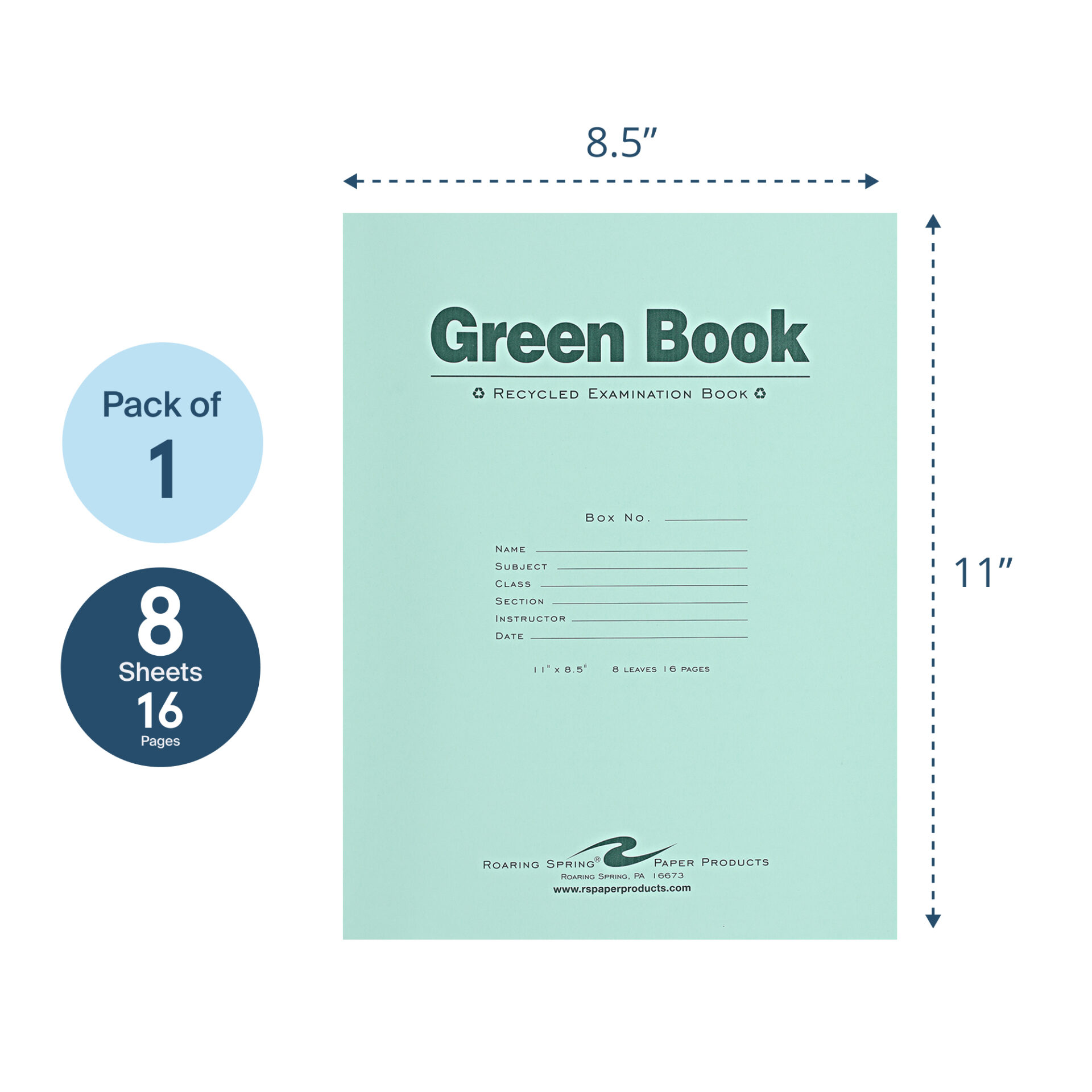 Recycled Exam Book, Wide Ruled with Margin, 11" x 8.5", 8 Sheets/16 Pages, Green Cover