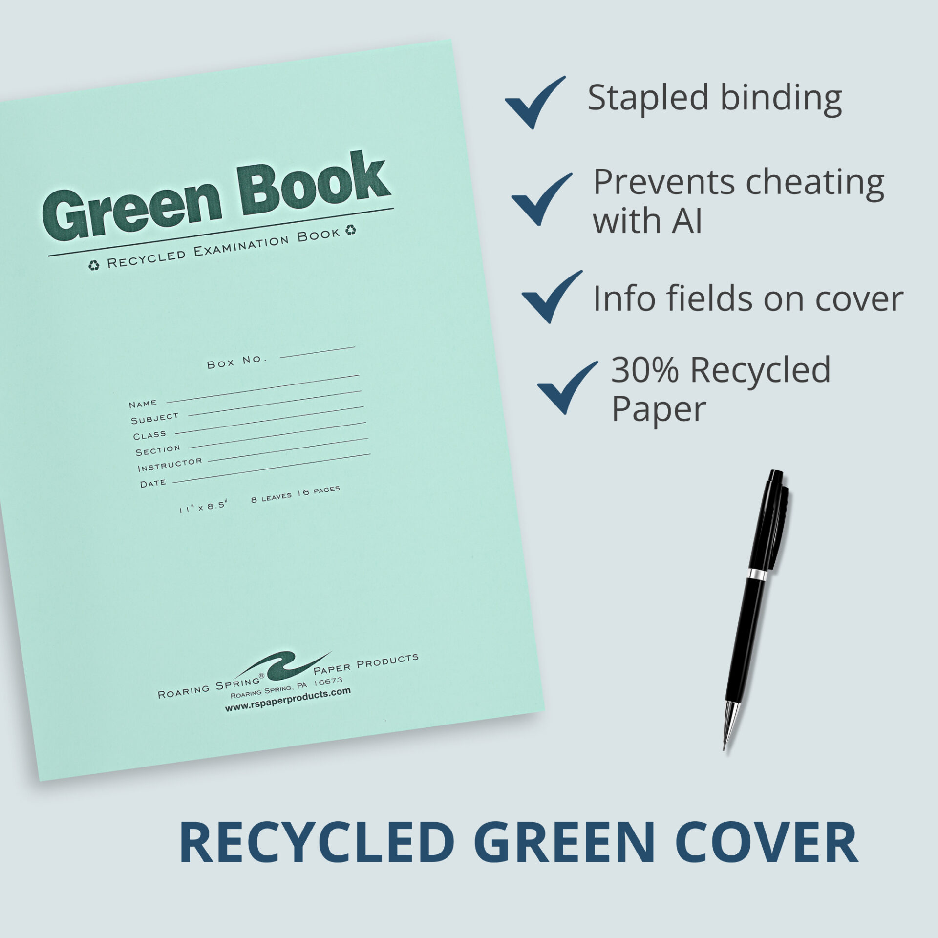 Recycled Exam Book, Wide Ruled with Margin, 11" x 8.5", 8 Sheets/16 Pages, Green Cover