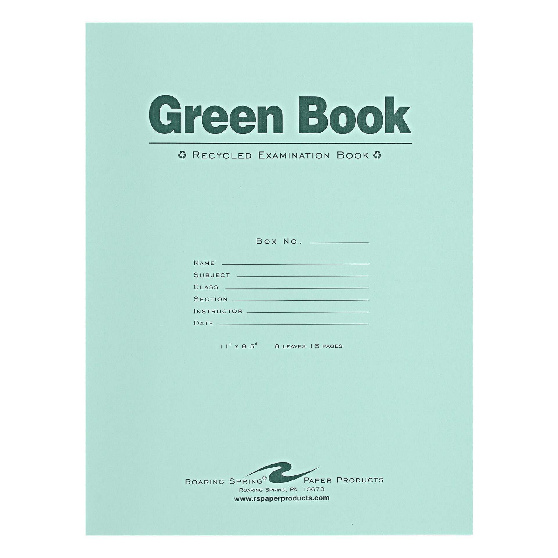 Recycled Exam Book, Wide Ruled with Margin, 11" x 8.5", 8 Sheets/16 Pages, Green Cover