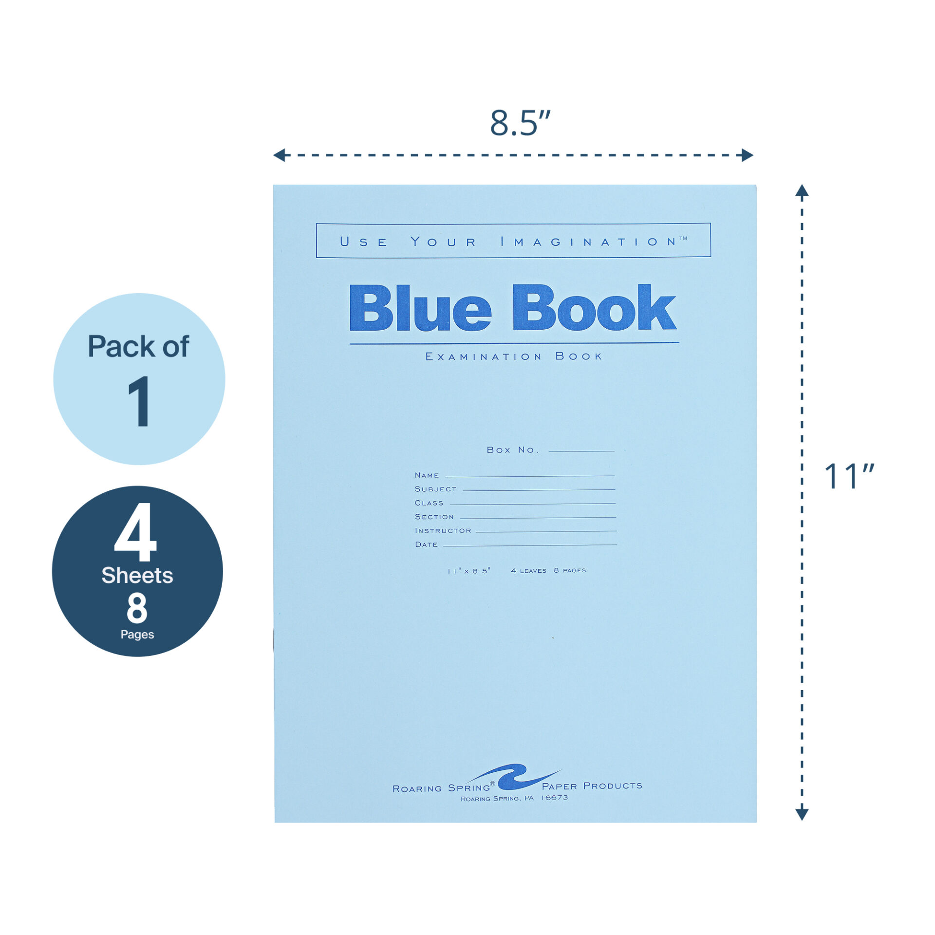 Blue Exam Book, Wide Ruled with Margin, 8.5" x 7", 4 Sheets/8 Pages