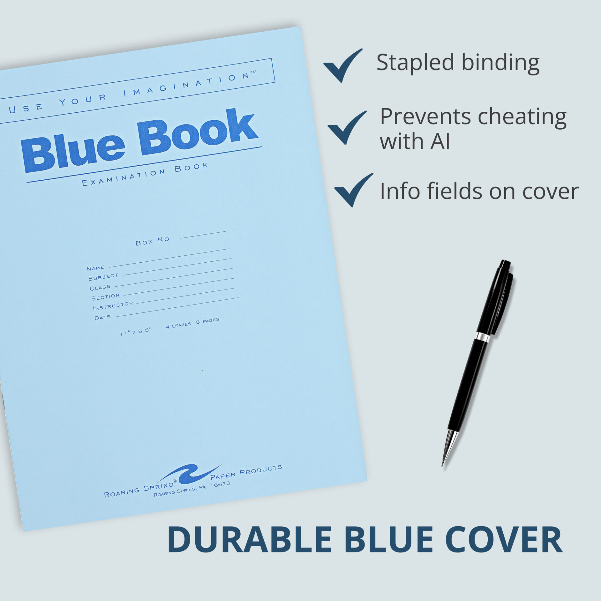 Blue Exam Book, Wide Ruled with Margin, 8.5" x 7", 4 Sheets/8 Pages