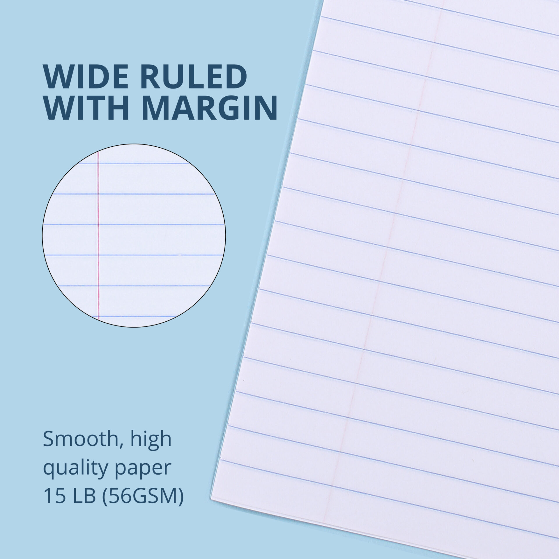 Blue Exam Book, Wide Ruled with Margin, 8.5" x 7", 4 Sheets/8 Pages