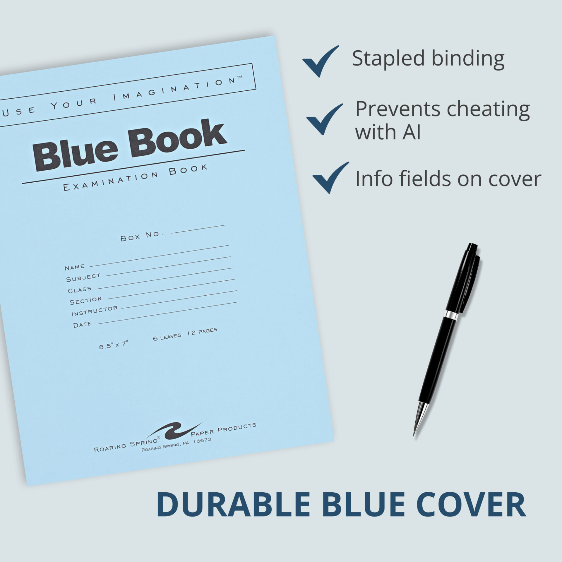Blue Exam Book, Wide Ruled with Margin, 8.5" x 7", 6 Sheets/12 Pages