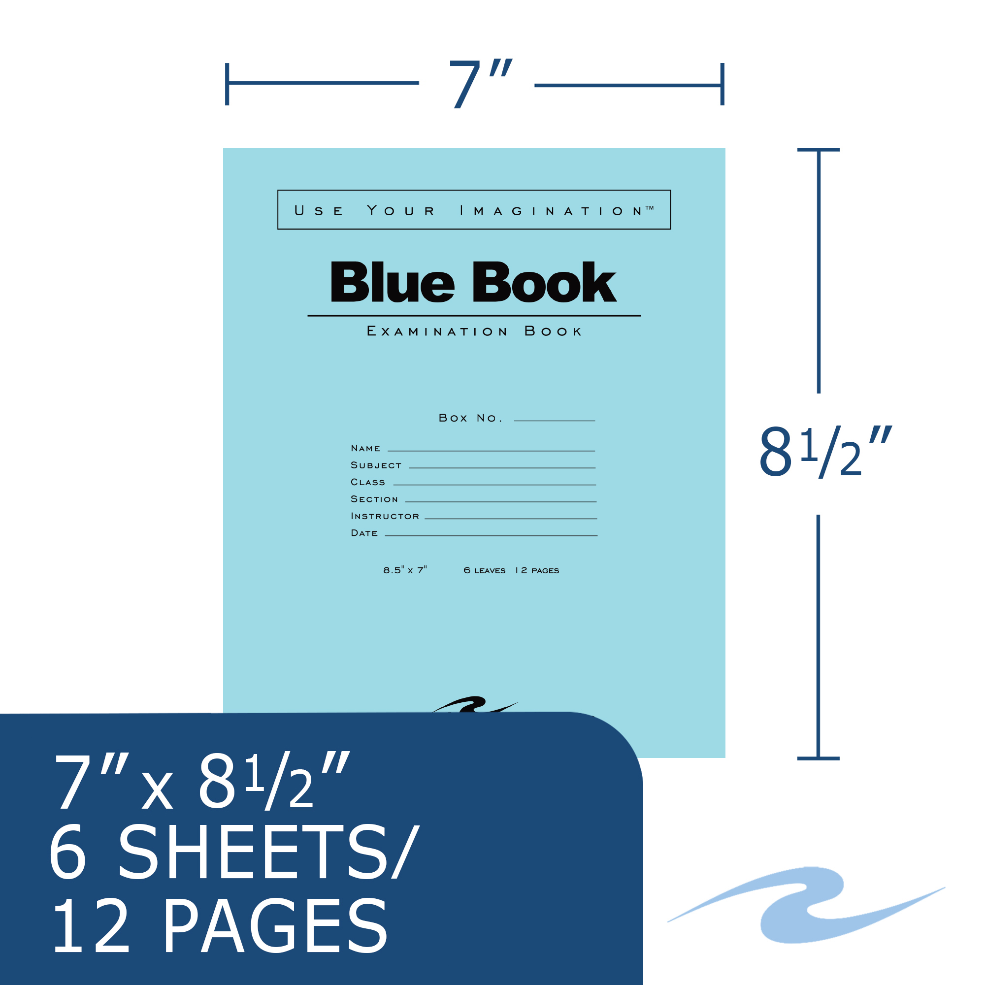 Blue Exam Book, Wide Ruled with Margin, 8.5" x 7", 6 Sheets/12 Pages
