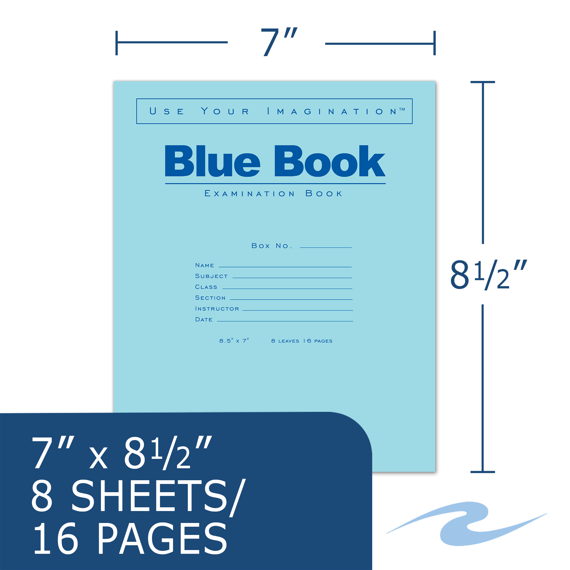 Blue Exam Book, Wide Ruled with Margin, 8.5" x 7", 8 Sheets/16 Pages