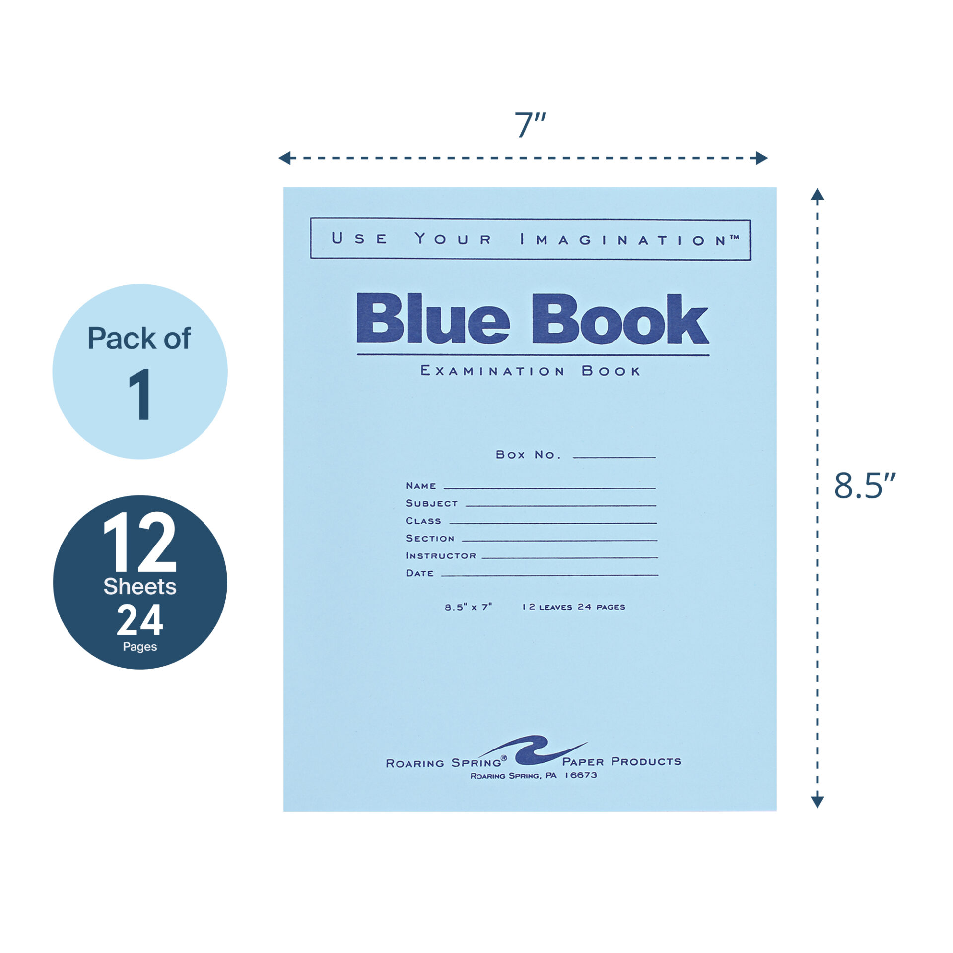 Blue Exam Book, Wide Ruled with Margin, 8.5" x 7", 12 Sheets/24 Pages