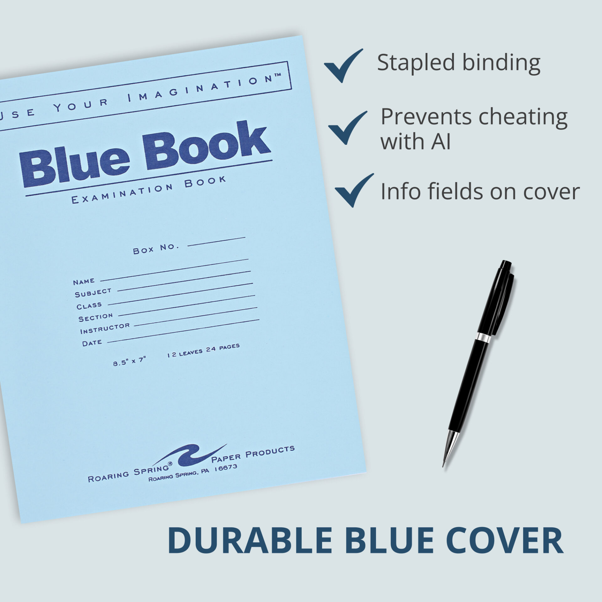 Blue Exam Book, Wide Ruled with Margin, 8.5" x 7", 12 Sheets/24 Pages