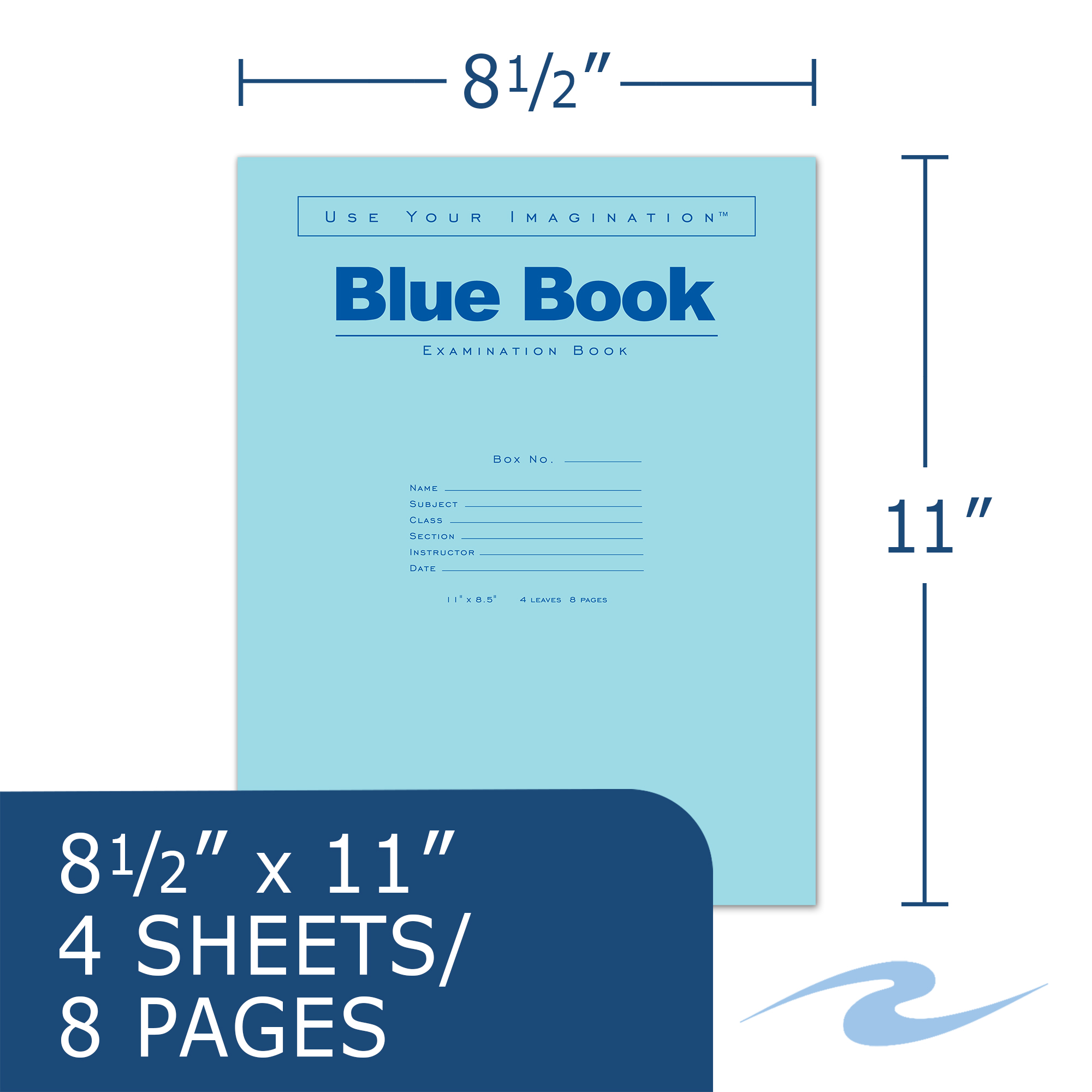 Blue Exam Book, Wide Ruled with Margin, 11" x 8.5", 4 Sheets/8 Pages