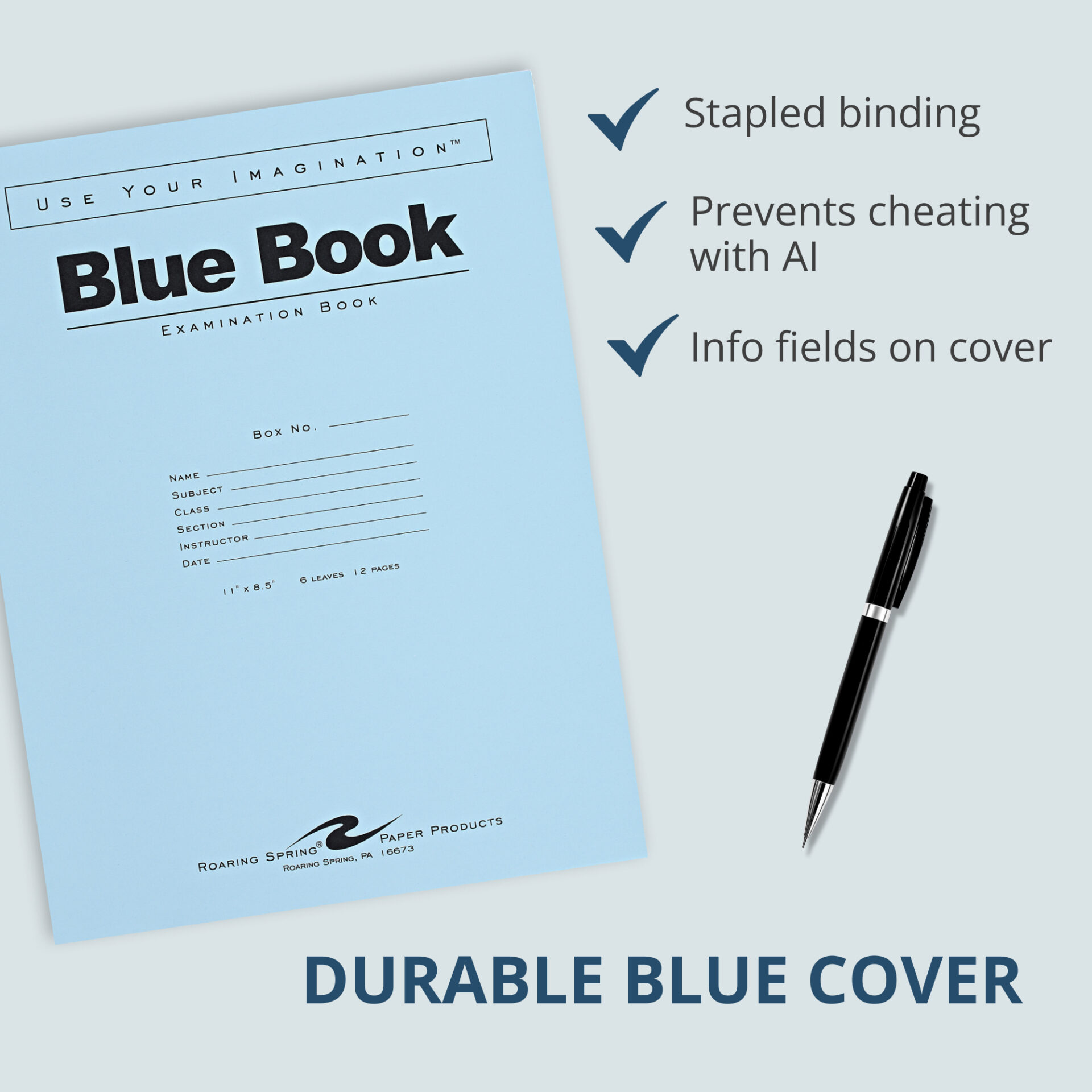 Blue Exam Book, Wide Ruled with Margin, 11" x 8.5", 6 Sheets/12 Pages