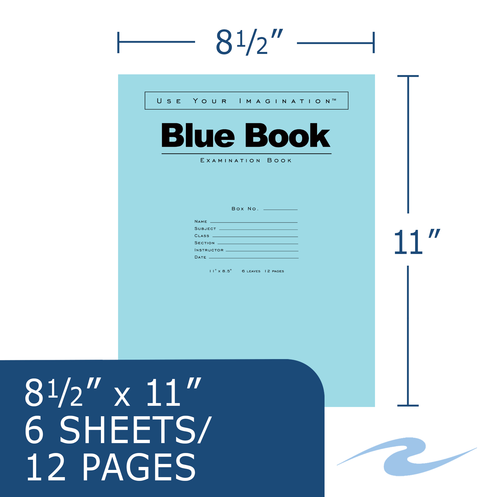 Blue Exam Book, Wide Ruled with Margin, 11" x 8.5", 6 Sheets/12 Pages