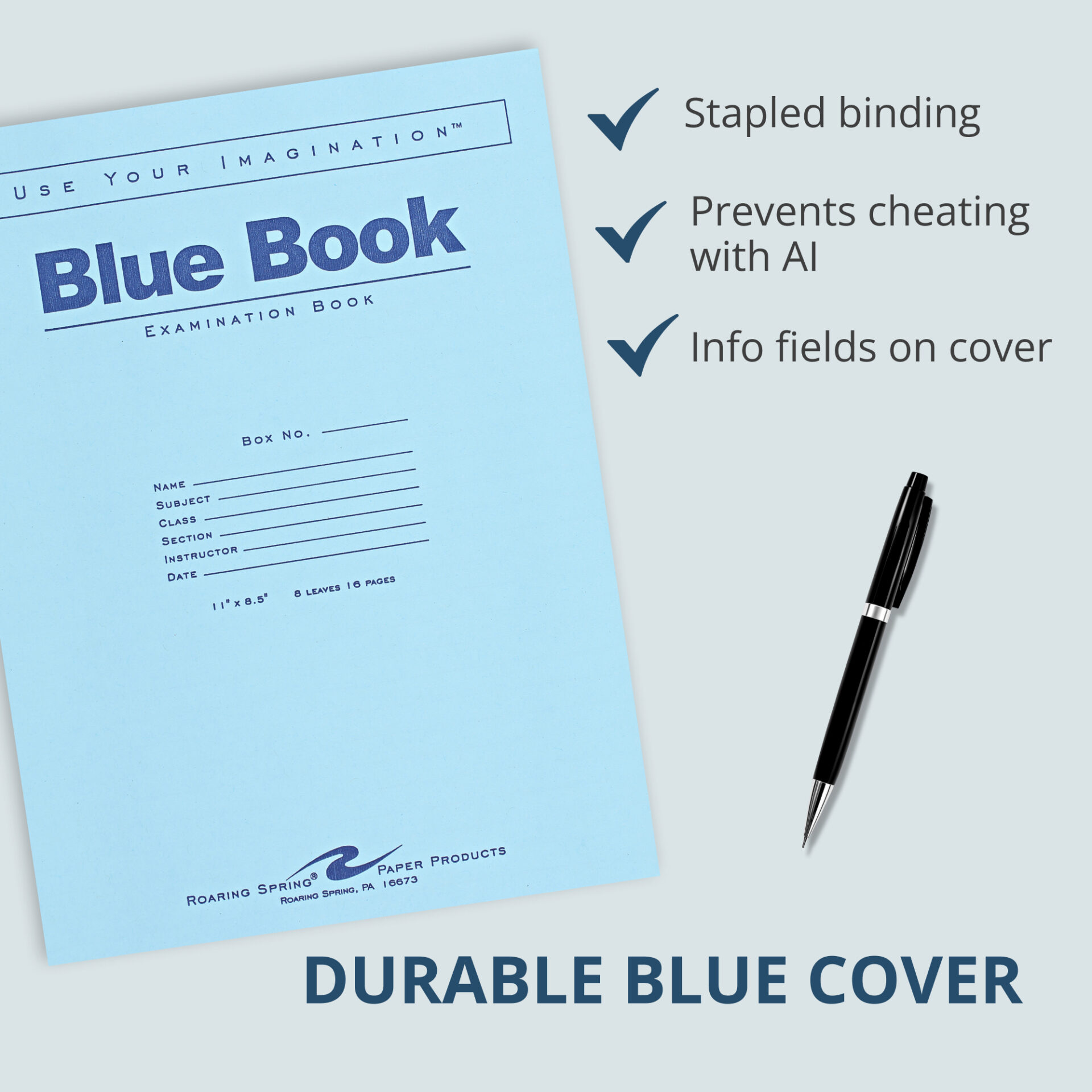 Blue Exam Book, Wide Ruled with Margin, 11" x 8.5", 8 Sheets/16 Pages
