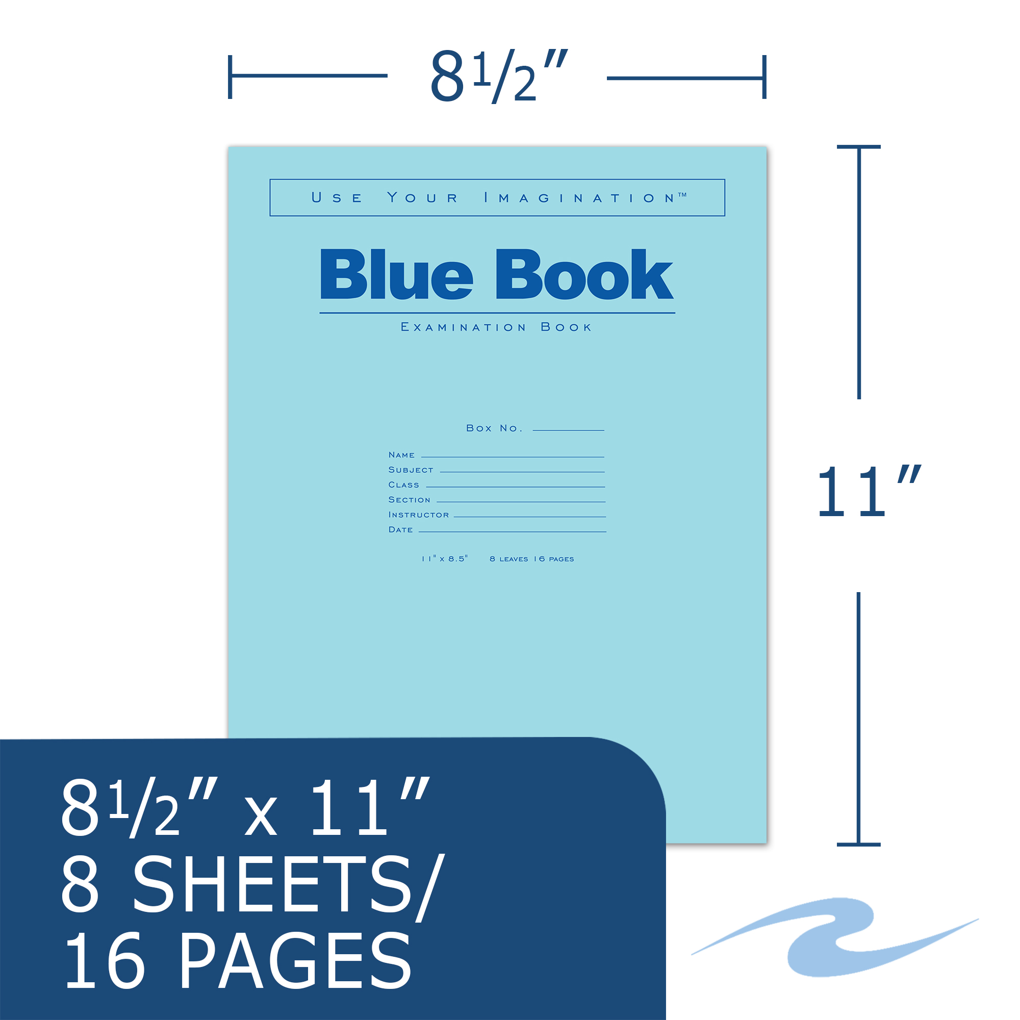 Blue Exam Book, Wide Ruled with Margin, 11" x 8.5", 8 Sheets/16 Pages
