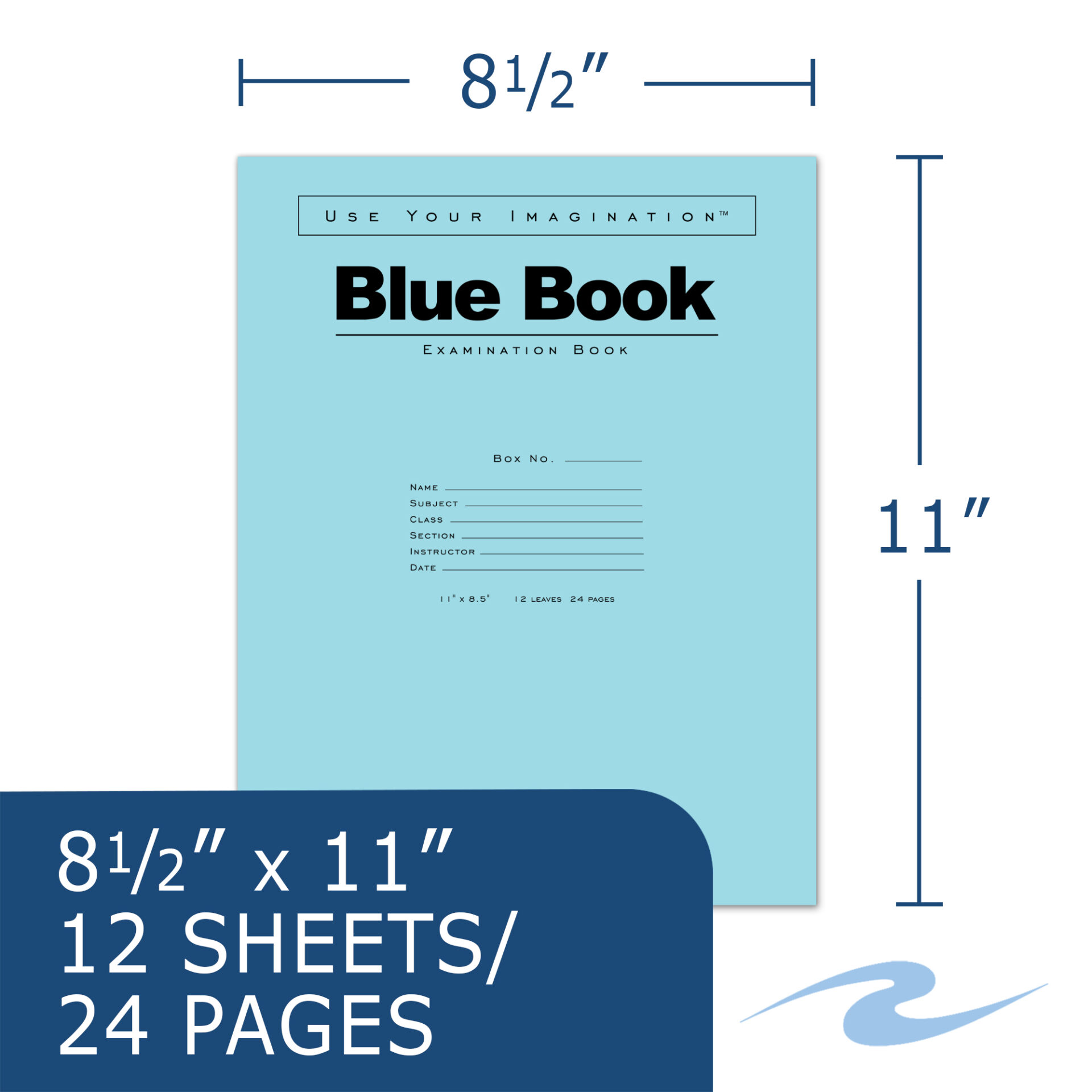 Blue Exam Book, Wide Ruled with Margin, 11" x 8.5", 12 Sheets/24 Pages