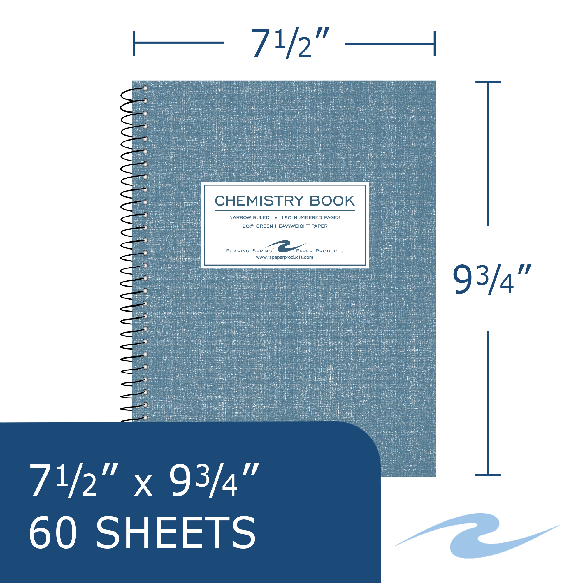 Wirebound Chemistry Lab Notebook, Narrow Ruled, 20 lb. paper, Blue Printed Board Cover