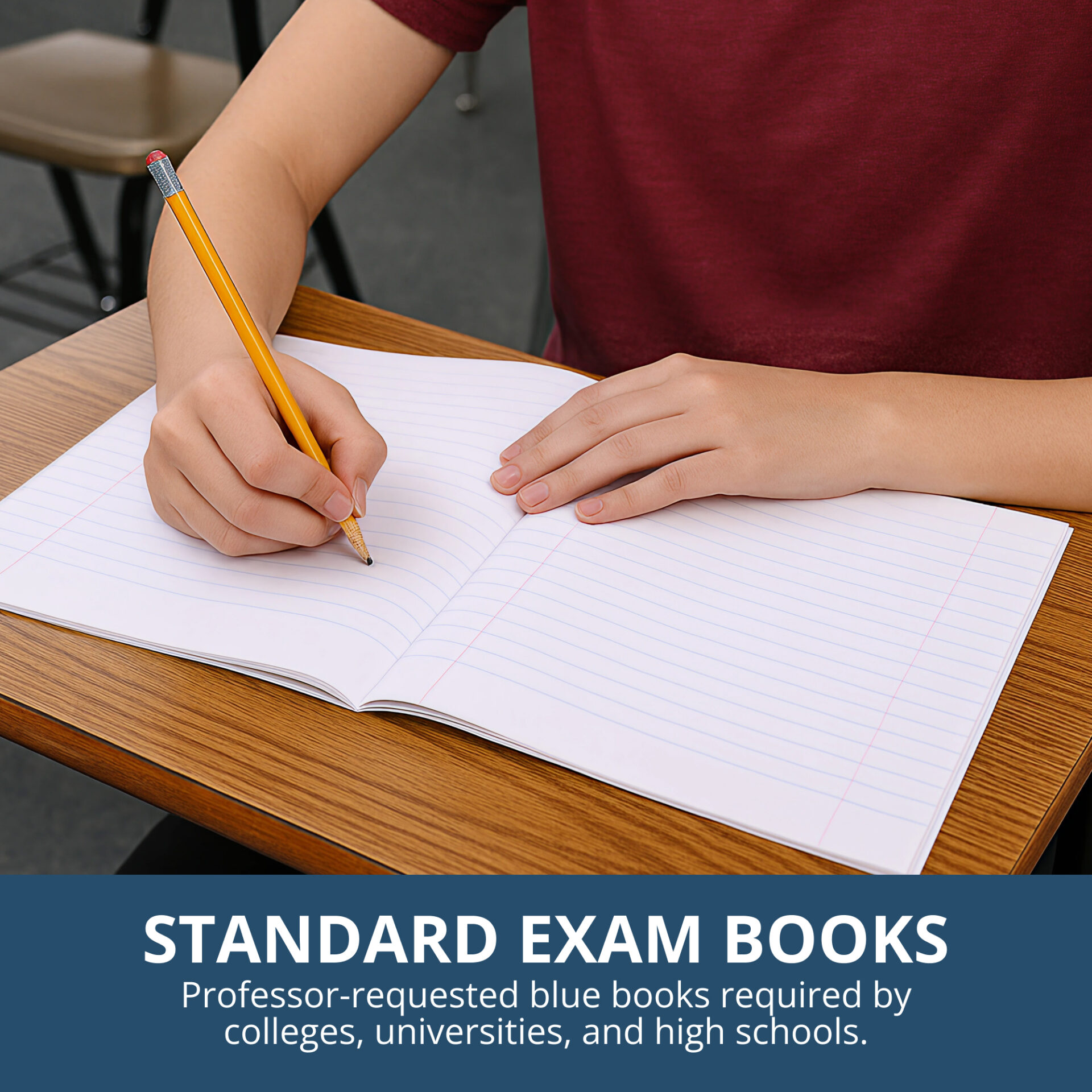 Recycled Exam Book, Wide Ruled with Margin, 8.5" x 7", 8 Sheets/16 Pages, Blue Cover