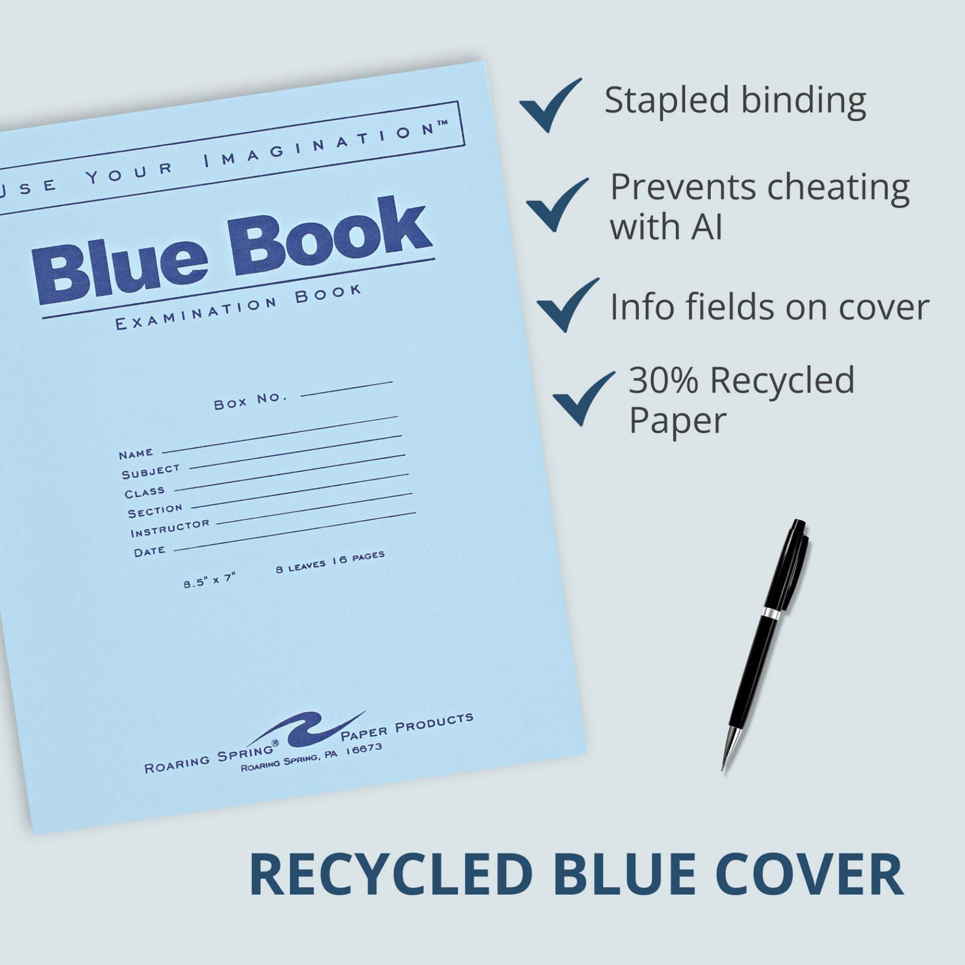 Recycled Exam Book, Wide Ruled with Margin, 8.5" x 7", 8 Sheets/16 Pages, Blue Cover