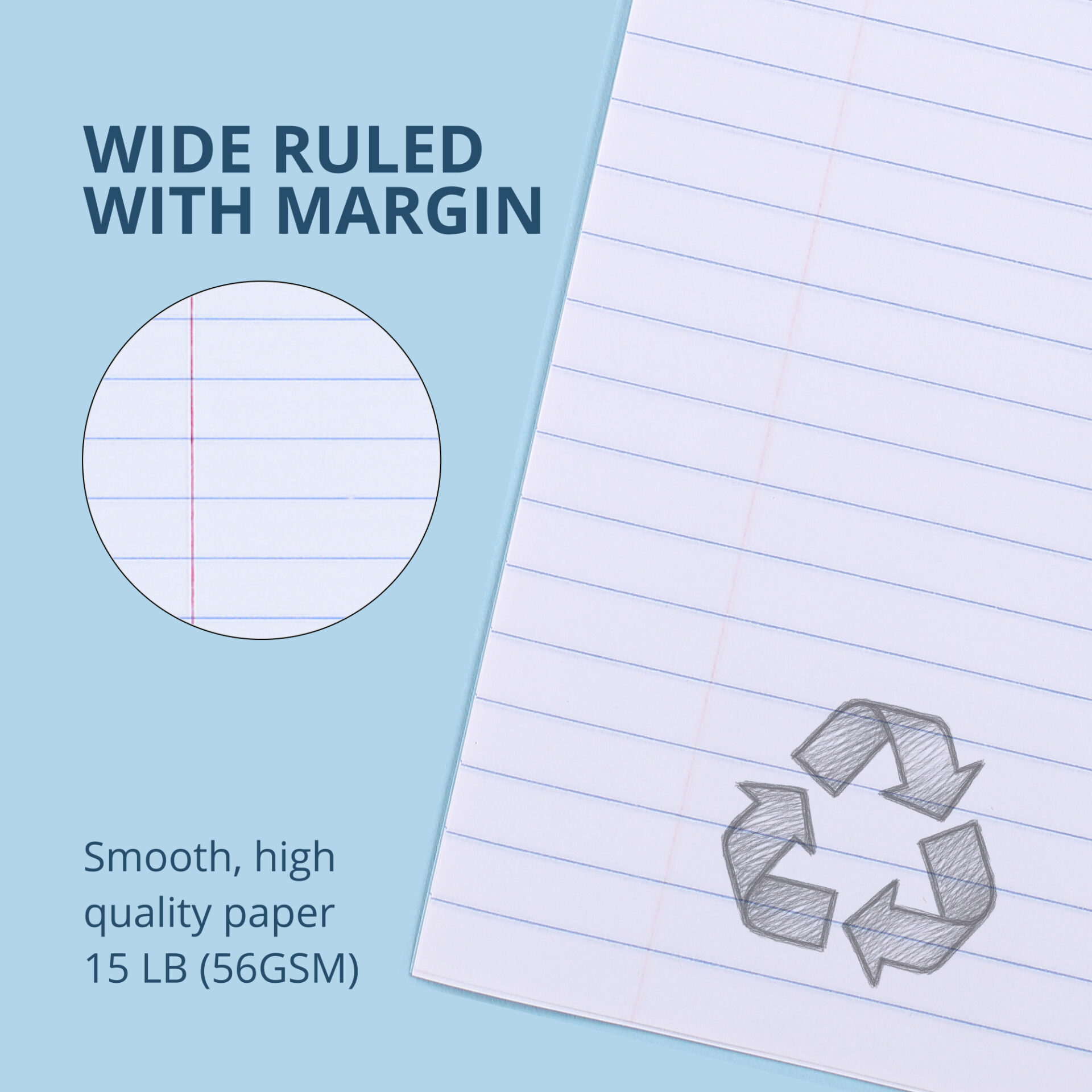 Recycled Exam Book, Wide Ruled with Margin, 8.5" x 7", 8 Sheets/16 Pages, Blue Cover