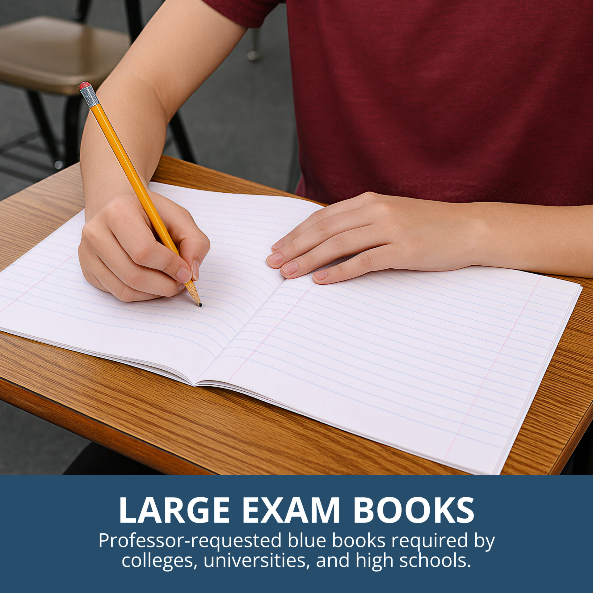 Recycled Exam Book, Wide Ruled with Margin, 11" x 8.5", 8 Sheets/16 Pages, Blue Cover