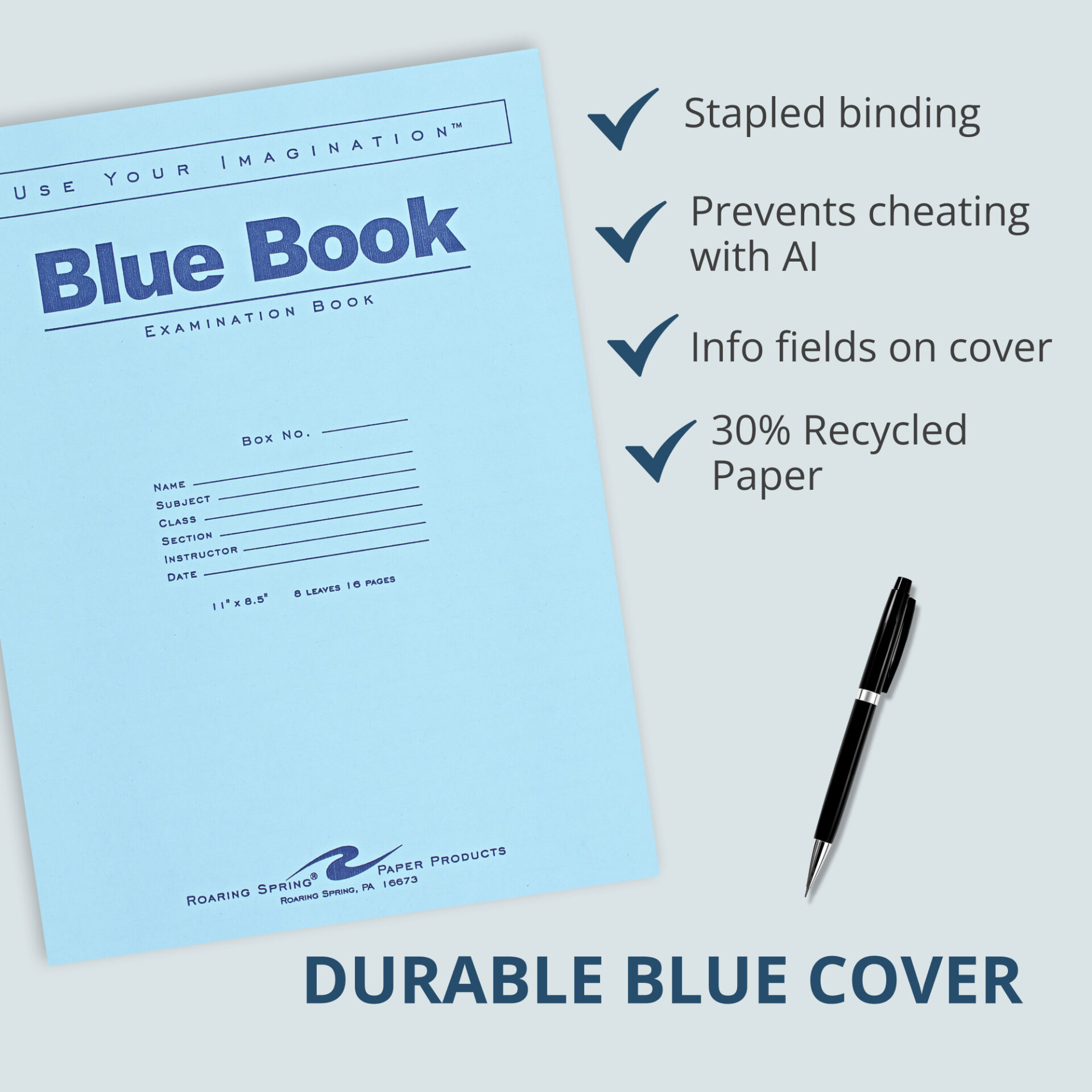 Recycled Exam Book, Wide Ruled with Margin, 11" x 8.5", 8 Sheets/16 Pages, Blue Cover