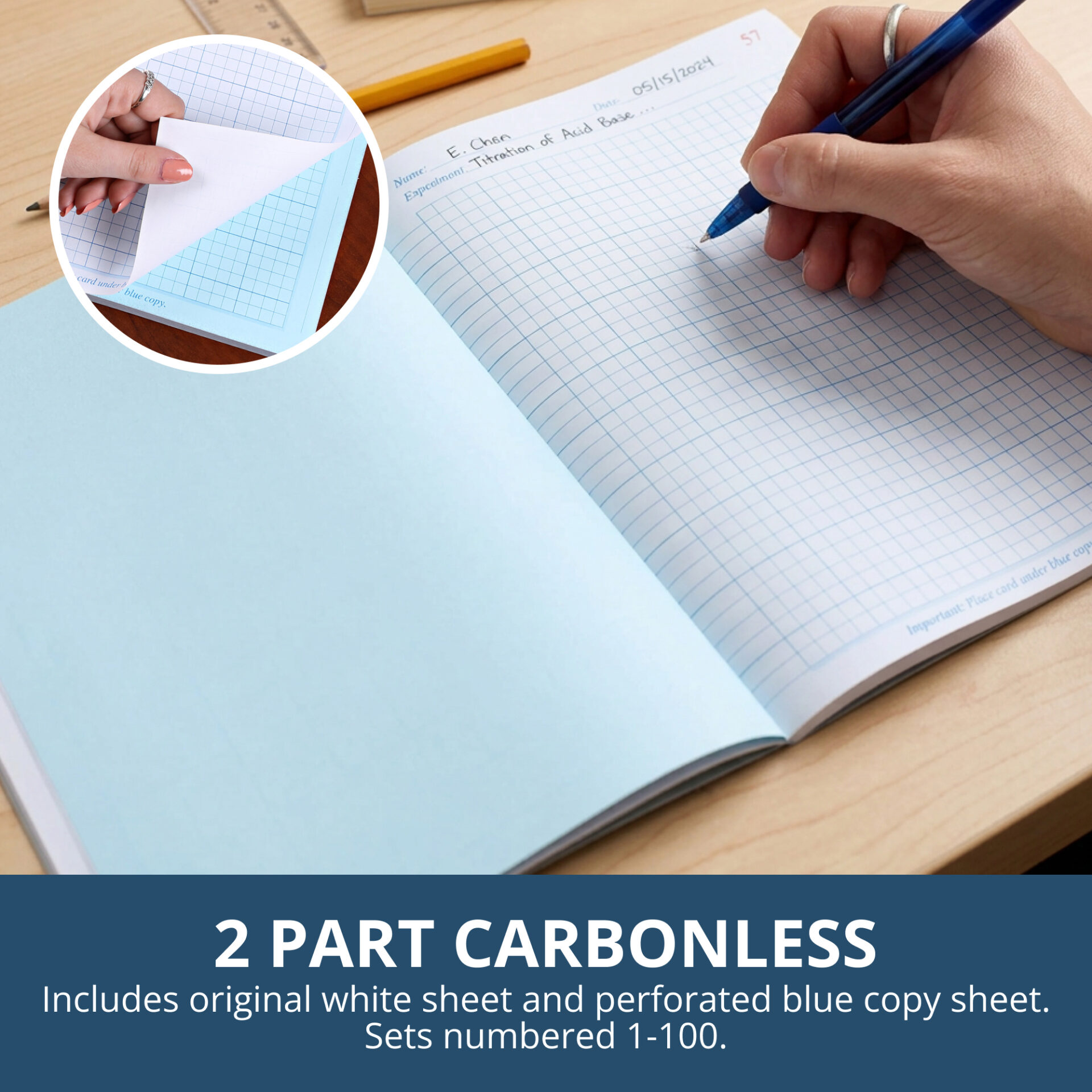 Carbonless Lab Book with Numbered Sets (1-100), 4x4 Grid Ruled, Gray Cover, White/Blue Pages
