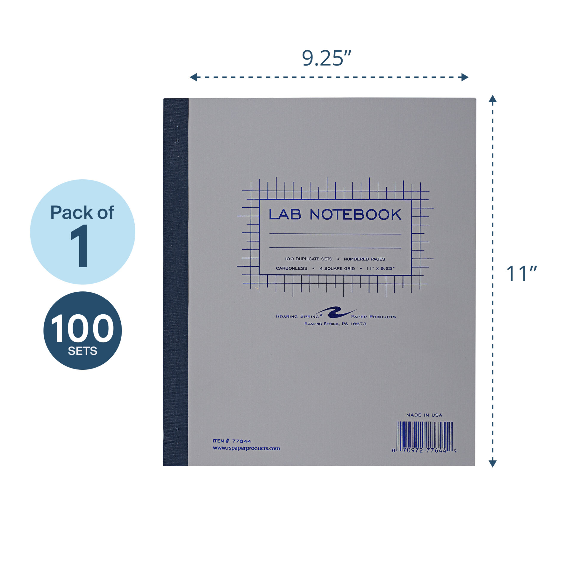 Carbonless Lab Book with Numbered Sets (1-100), 4x4 Grid Ruled, Gray Cover, White/Blue Pages