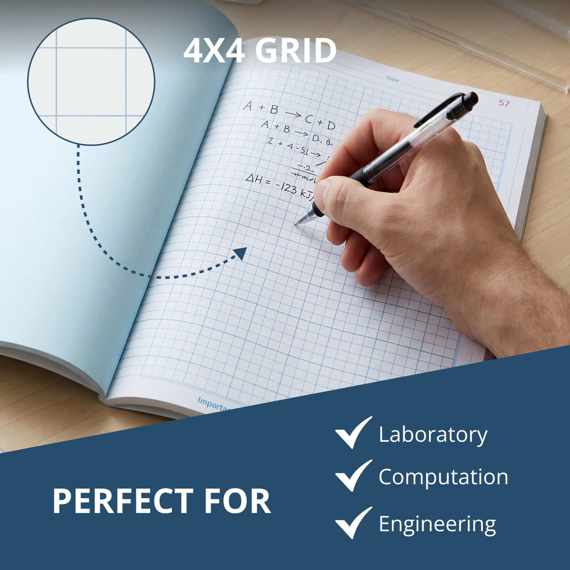 Carbonless Lab Book with Numbered Sets (1-100), 4x4 Grid Ruled, Gray Cover, White/Blue Pages
