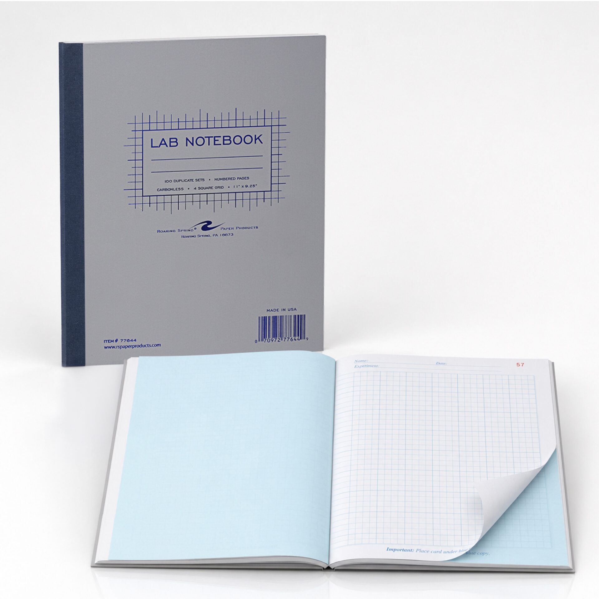 Carbonless Lab Book with Numbered Sets (1-100), 4x4 Grid Ruled, Gray Cover, White/Blue Pages