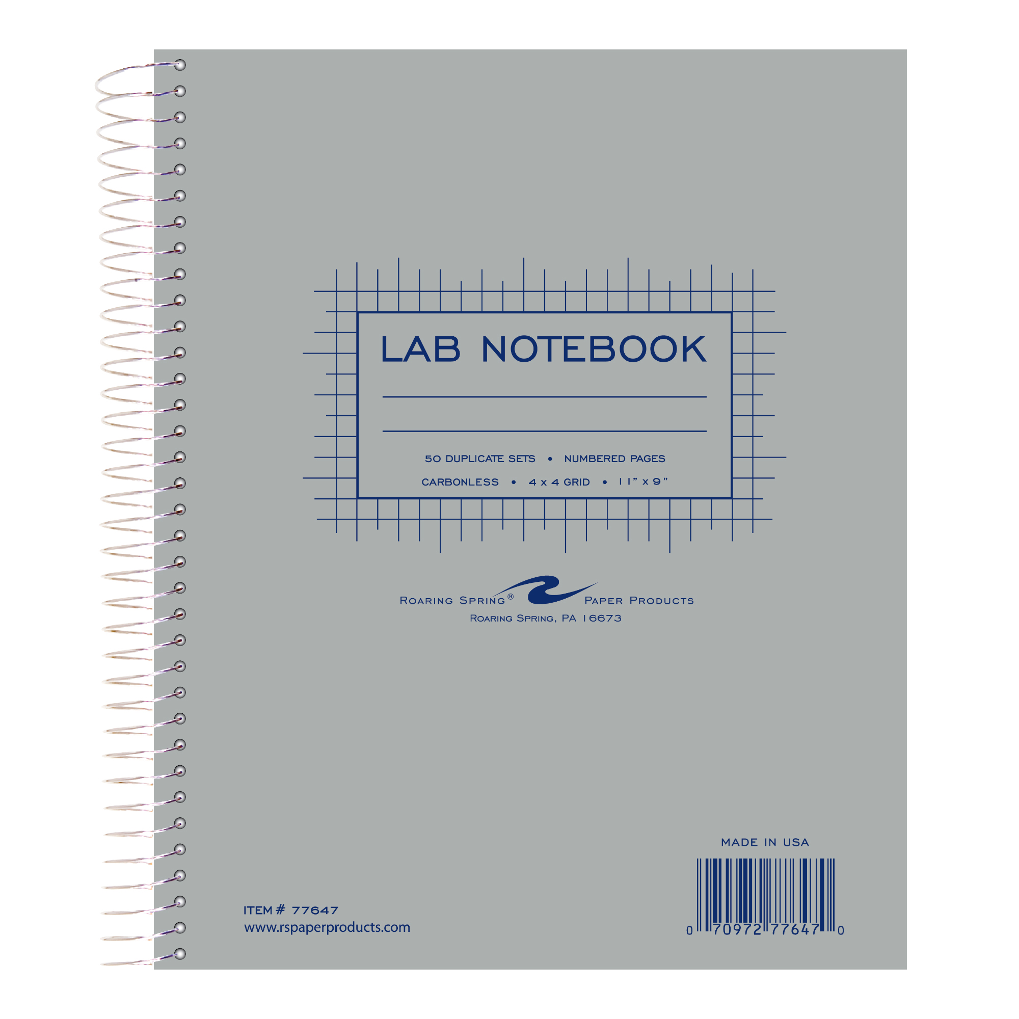 Carbonless Wirebound Lab Book with Numbered Sets (1-50), 4x4 Grid Ruled,Gray Cover, White/Blue Pages
