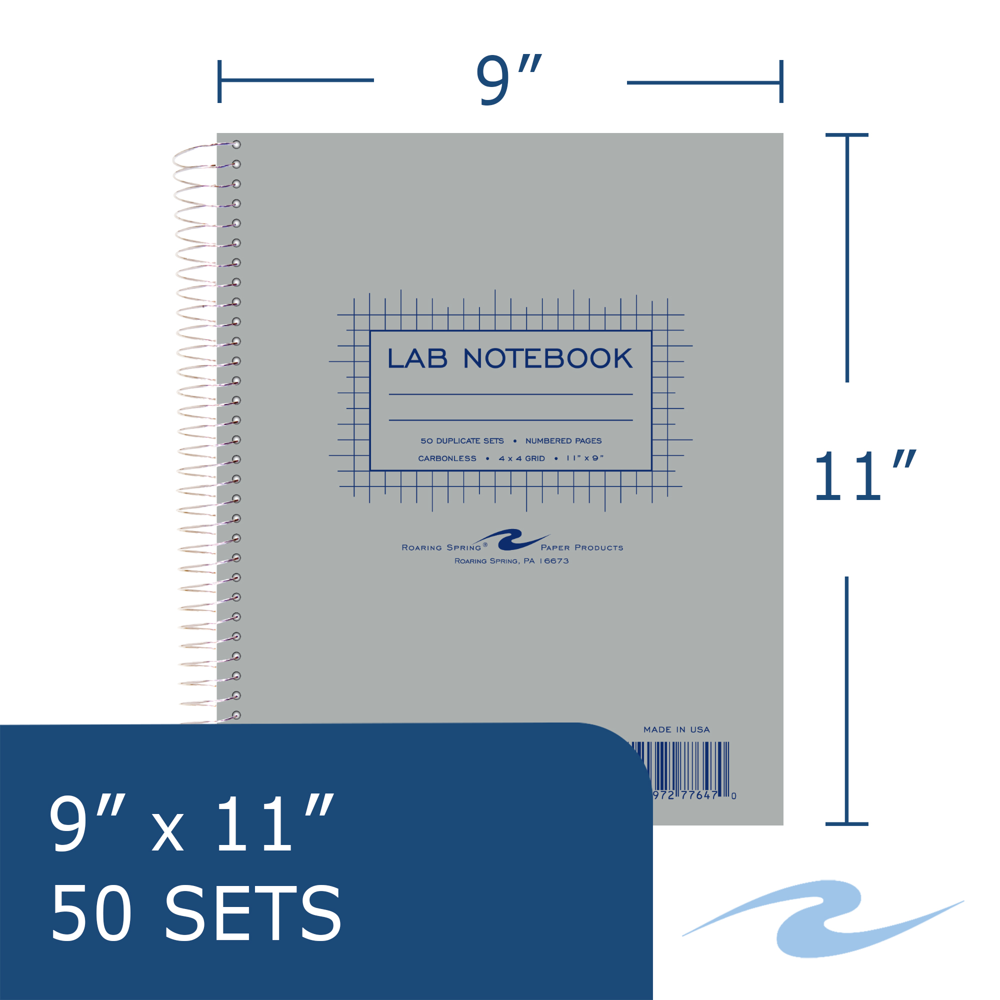 Carbonless Wirebound Lab Book with Numbered Sets (1-50), 4x4 Grid Ruled,Gray Cover, White/Blue Pages