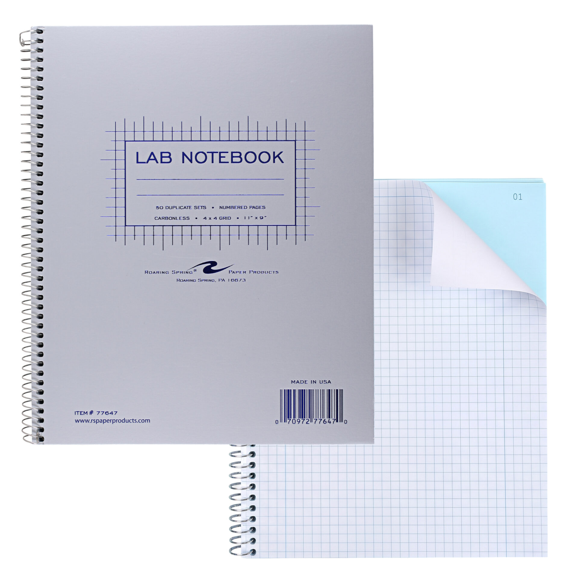 Carbonless Wirebound Lab Book with Numbered Sets (1-50), 4x4 Grid Ruled,Gray Cover, White/Blue Pages