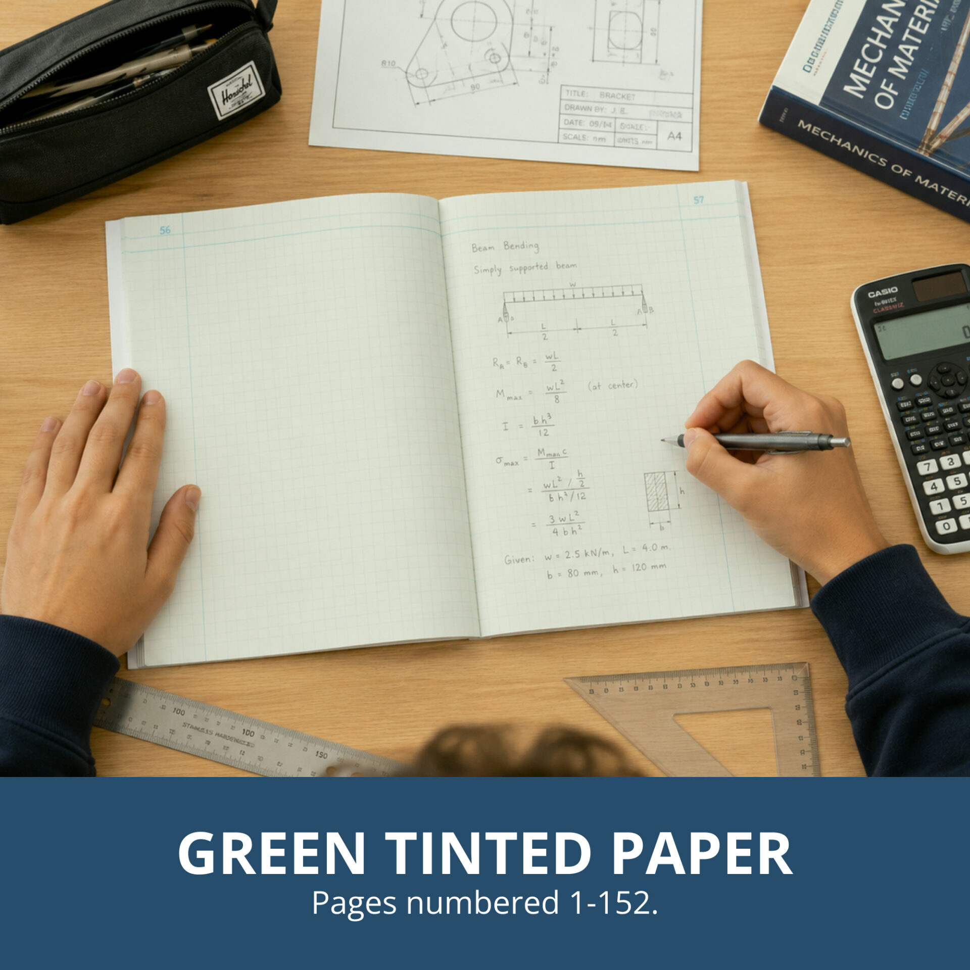 Oversize Lab Book with Numbered Pages, 4x4 Grid Ruled, 76 Sheets/152 Numbered Pages, 20 lb. Green Paper, Red Board Cover