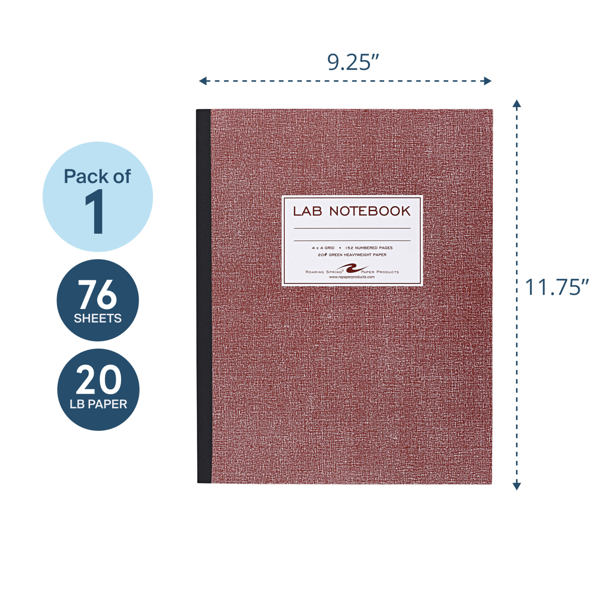 Oversize Lab Book with Numbered Pages, 4x4 Grid Ruled, 76 Sheets/152 Numbered Pages, 20 lb. Green Paper, Red Board Cover