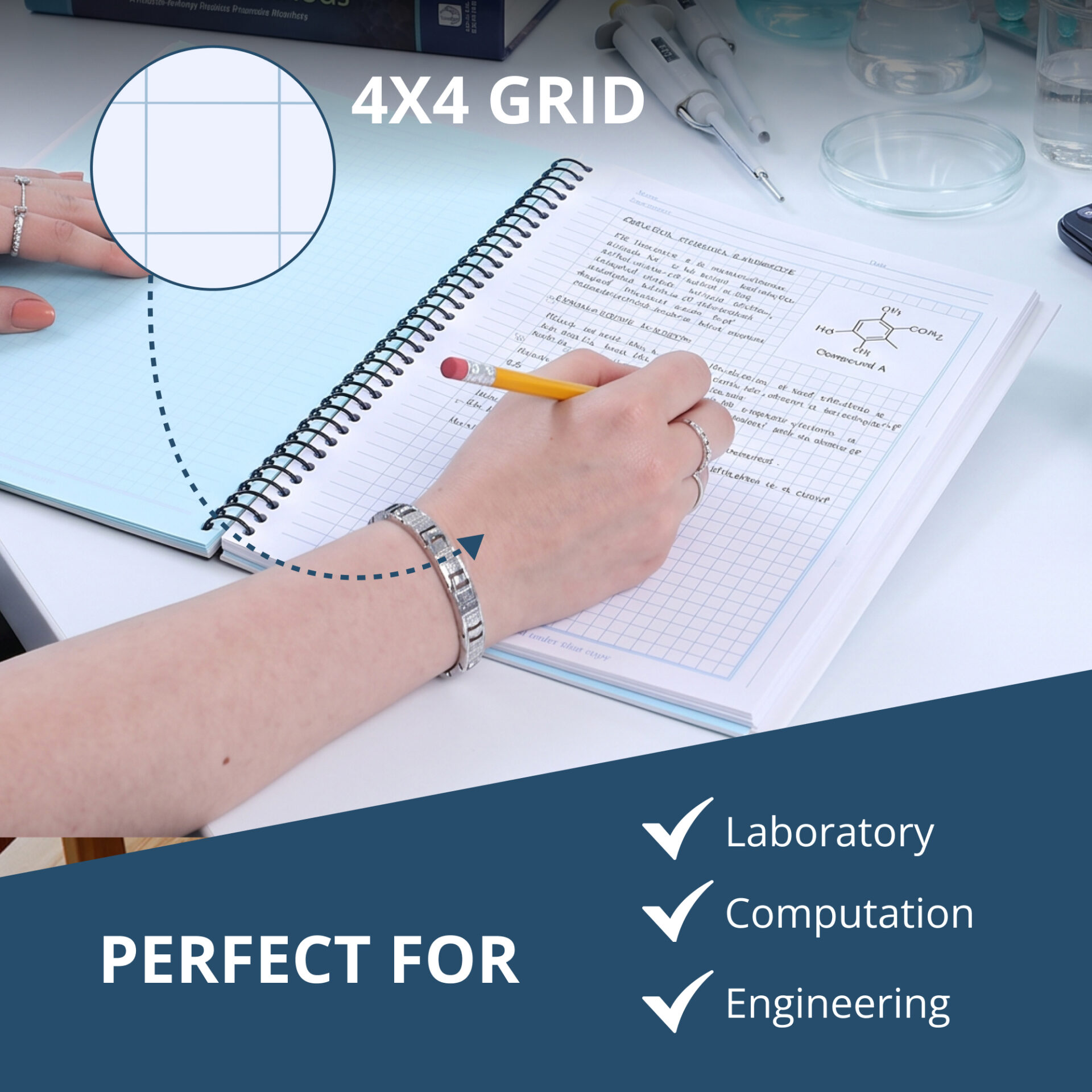 Carbonless Wirebound Chemistry Notebook, 4x4 Grid Ruled, 50 Sets of Blue/White pages, Oversize Cover
