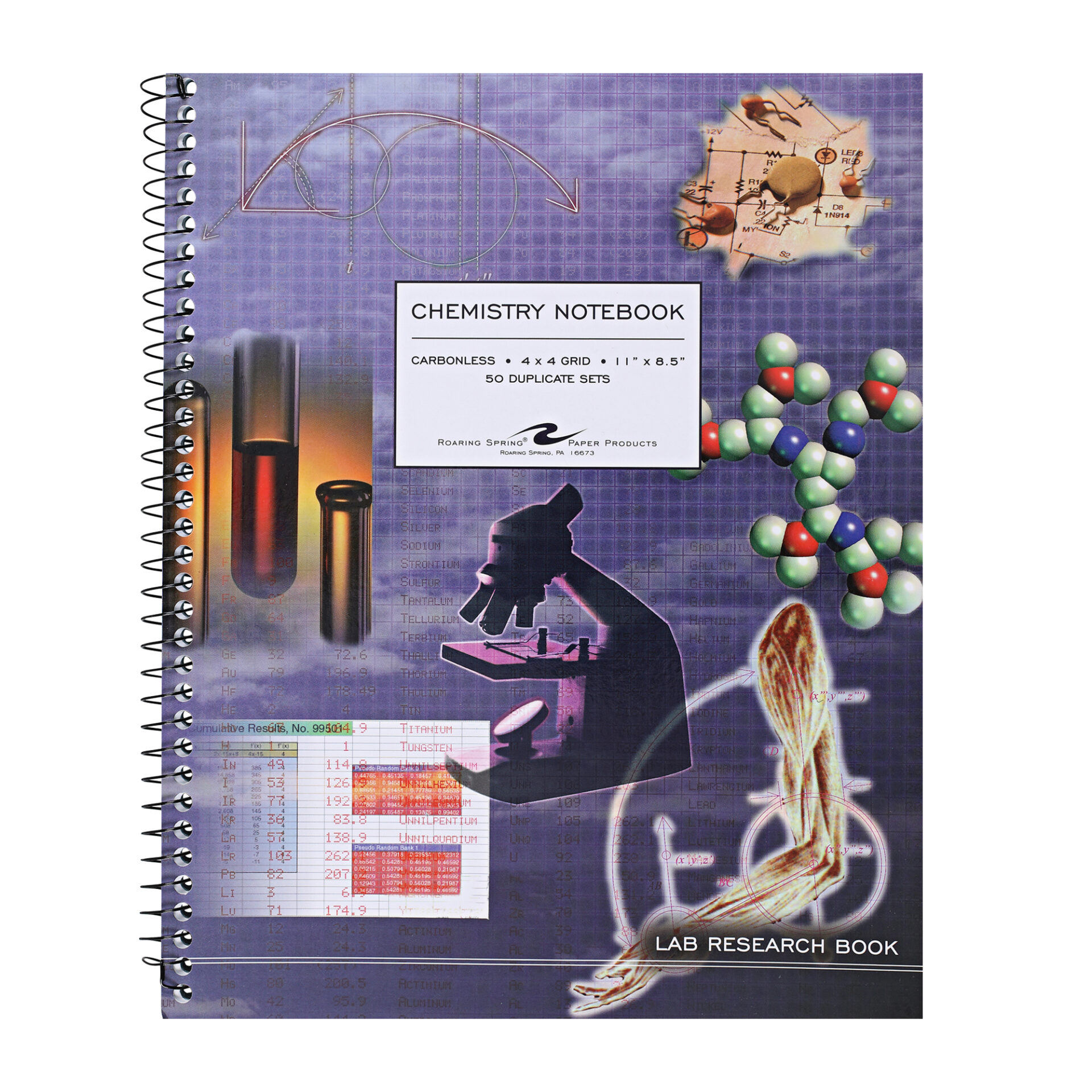 Carbonless Wirebound Chemistry Notebook, 4x4 Grid Ruled, 50 Sets of Blue/White pages, Oversize Cover