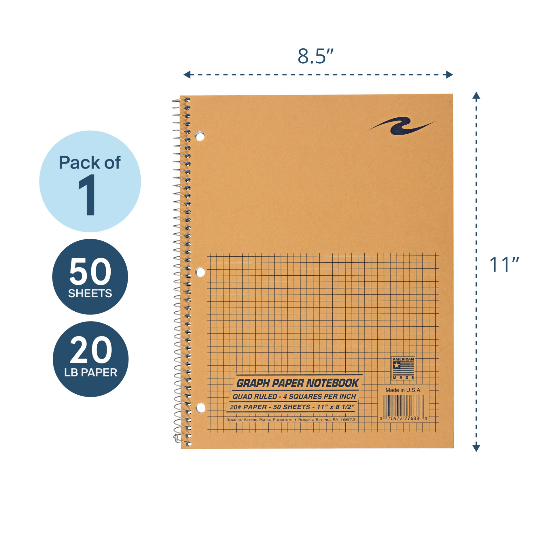 Wirebound Lab Notebook, 4x4 Grid Ruled, 20 lb. paper, Brown Kraft Cover