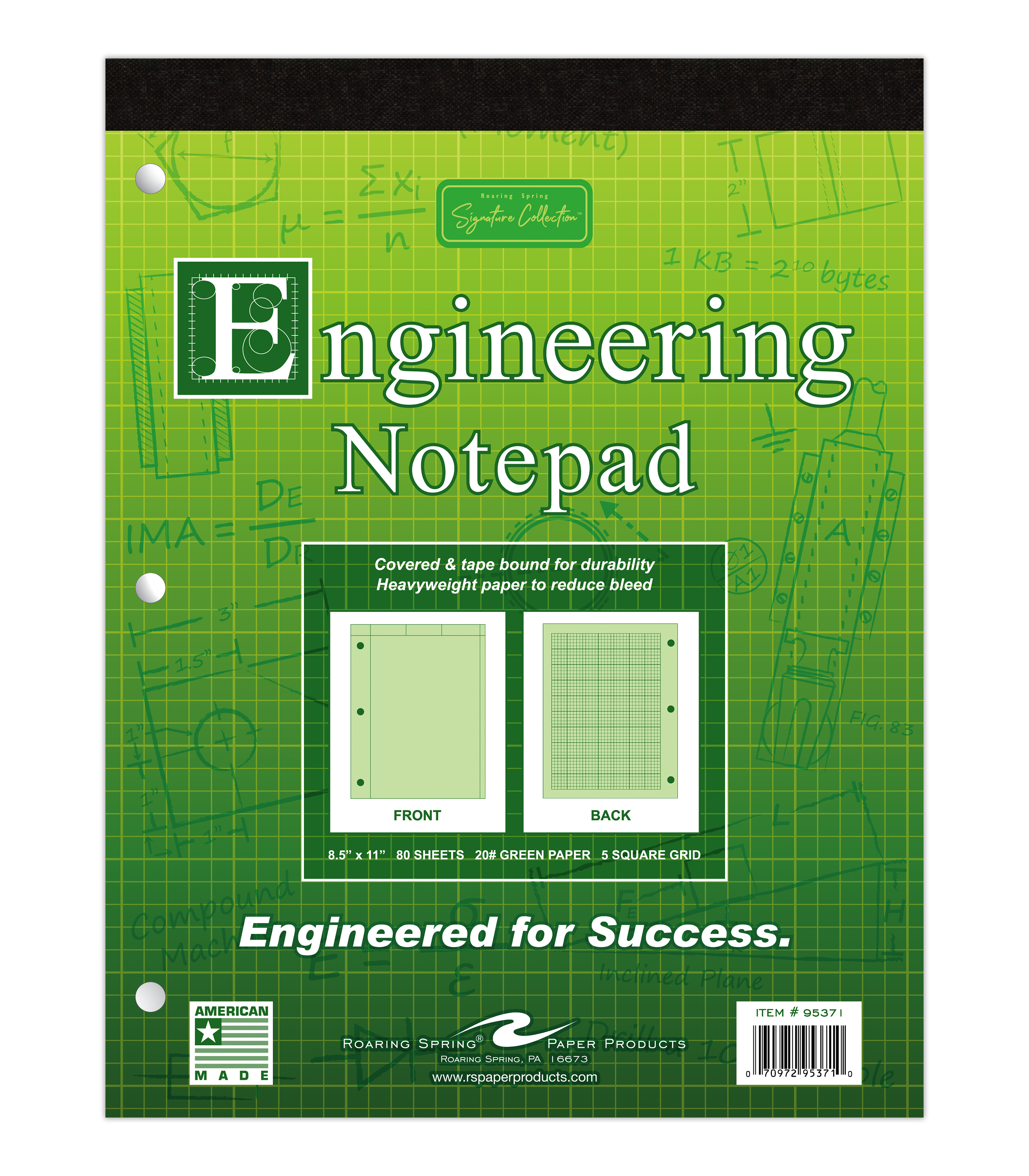 Signature Collection Covered Engineering Pad, Frame Front 1/2" Right Margin, Heavyweight 20 lb. Green Tint Paper