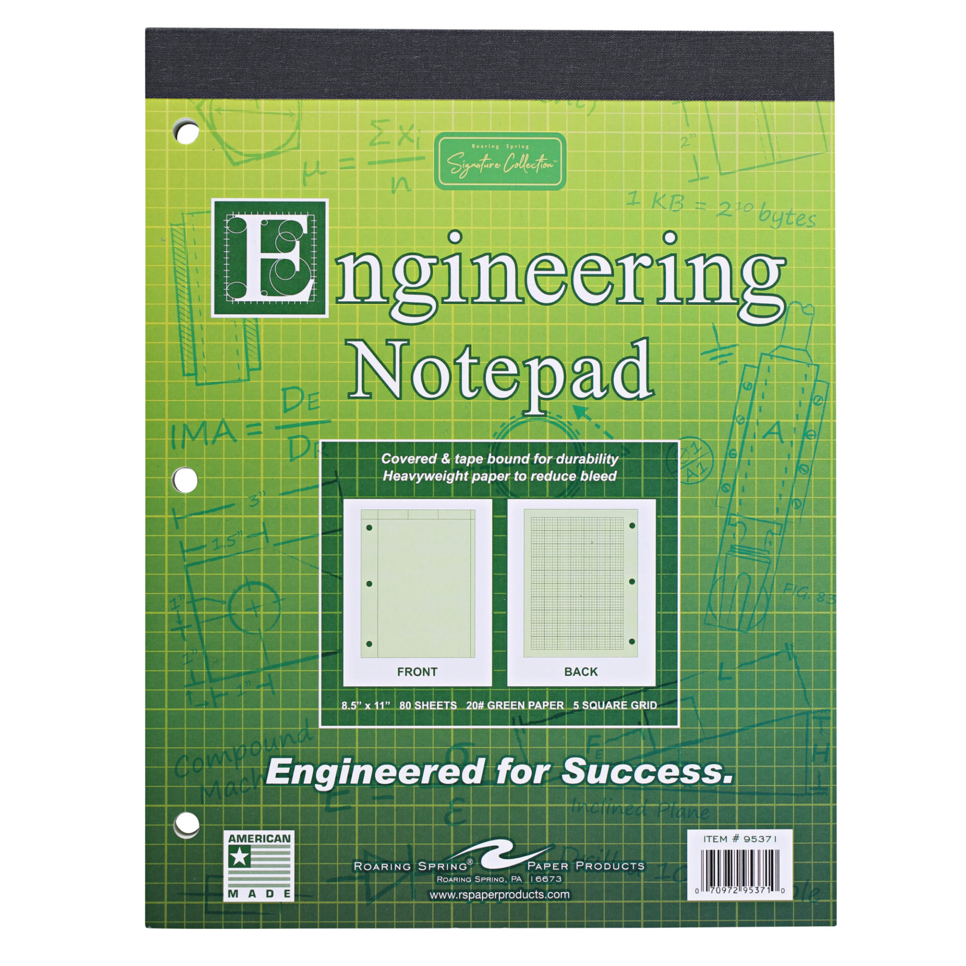 Signature Collection Covered Engineering Pad, Frame Front 1/2" Right Margin, Heavyweight 20 lb. Green Tint Paper
