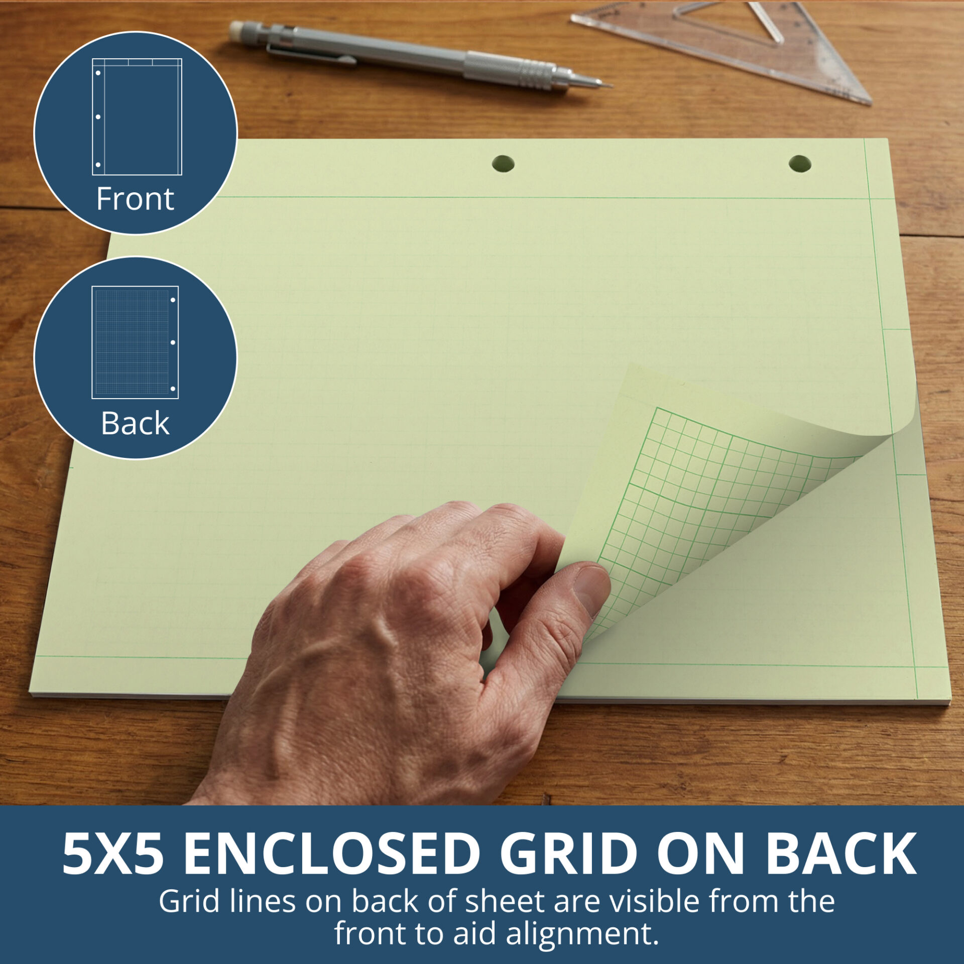 Engineering Pad, Frame Front 1/2" Right Margin, 200 Sheets, Green Tint Paper