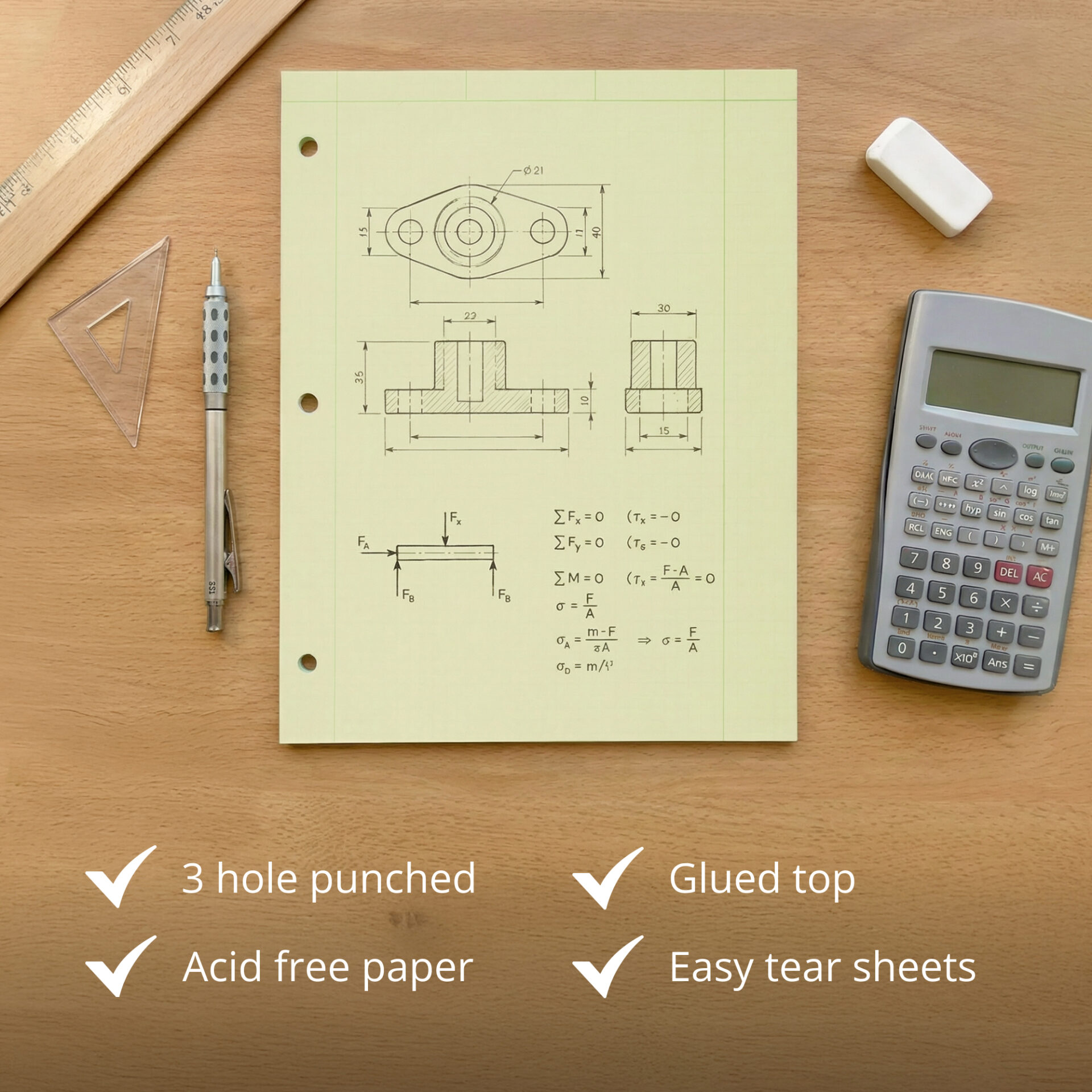 Engineering Pad, Frame Front 1.25" Right Margin, 200 Sheets, Green Tint Paper