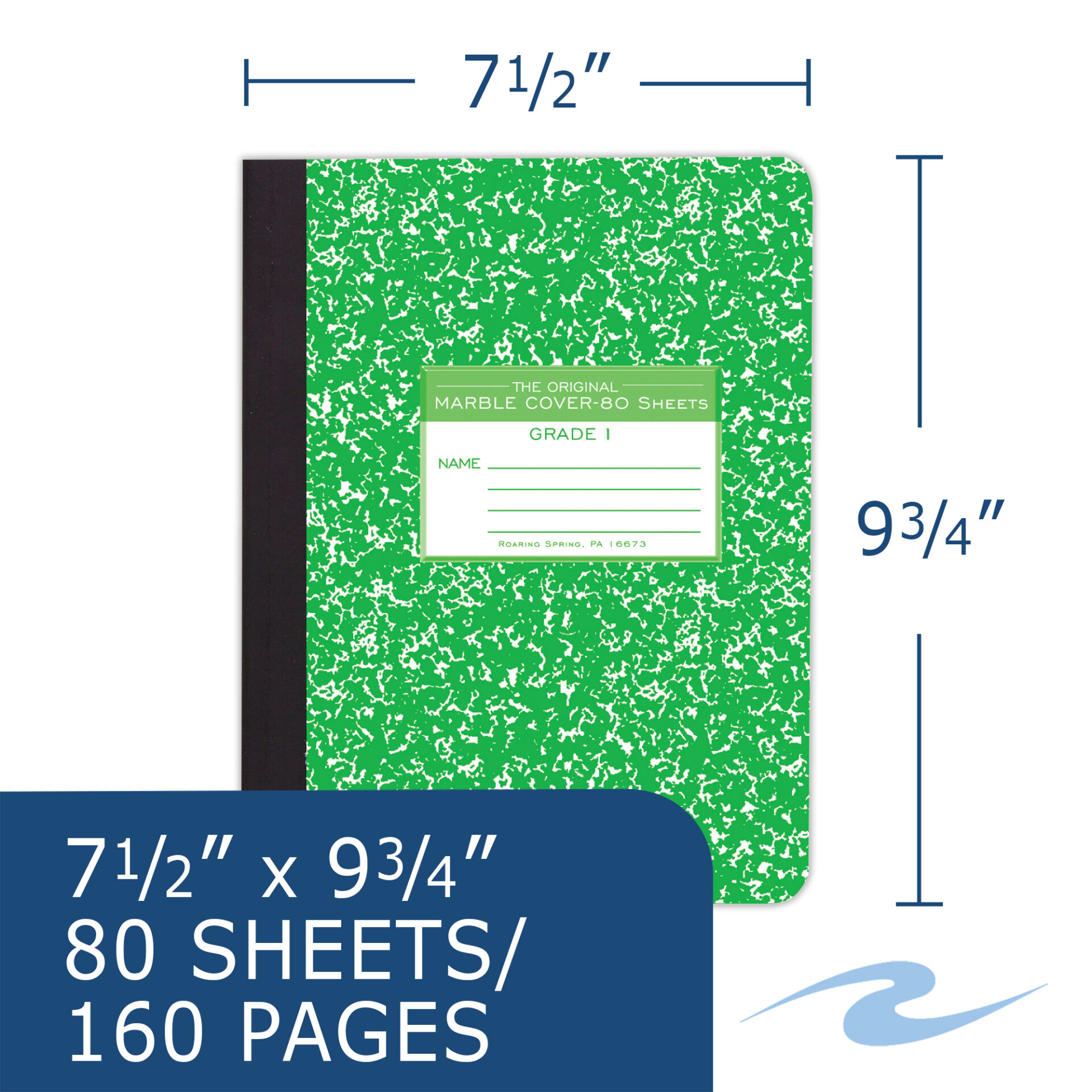 Hard Cover Composition Book, Grade School Ruled, Green Marble Cover (Grade 1)